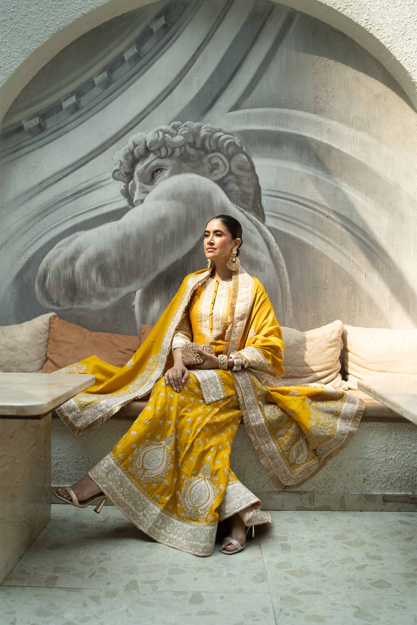 Alisha Pekha In RAINA - Glaze Mustard SHORT KURTA WITH SHARARA AND ODHNI - Image 3