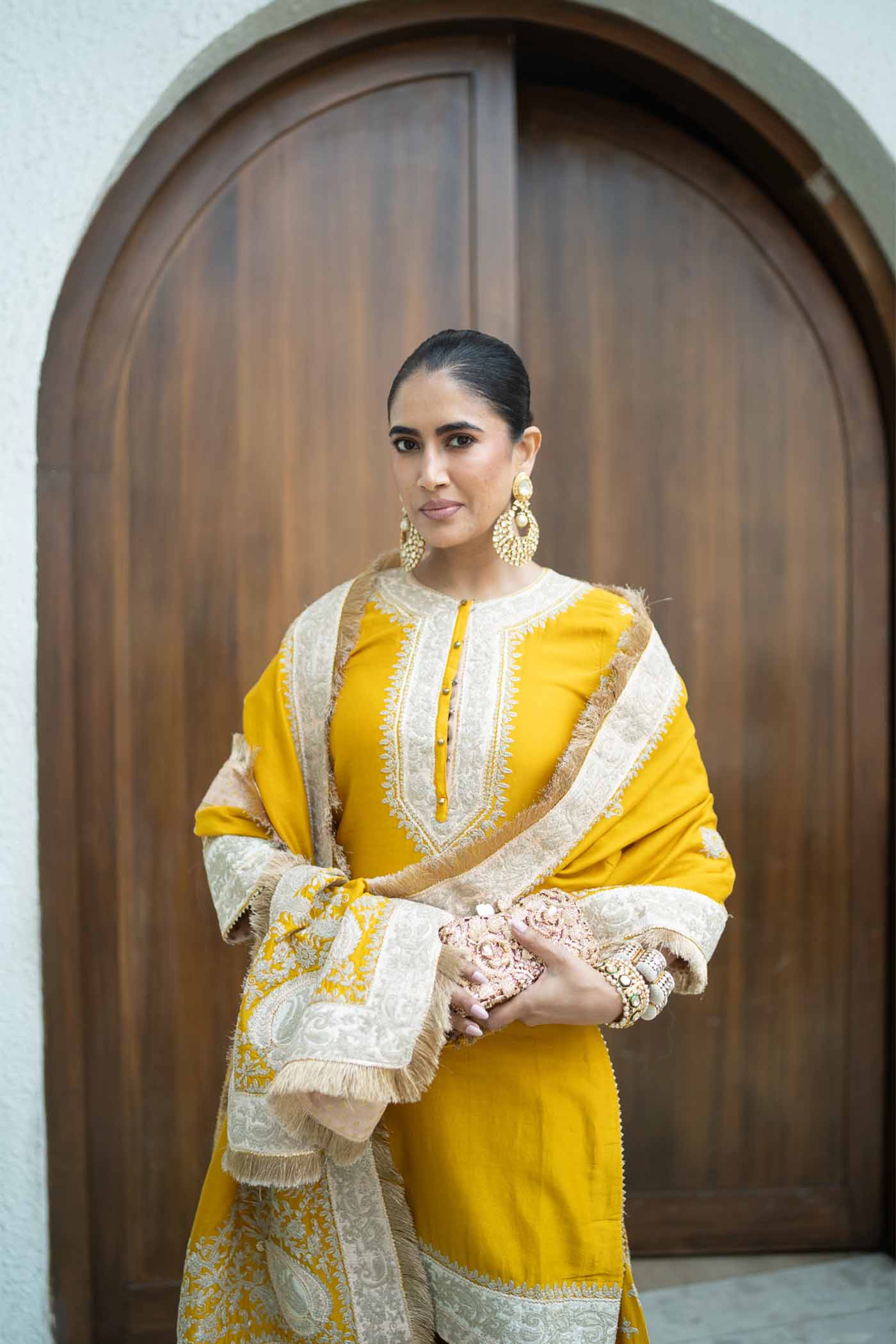 Alisha Pekha In RAINA - Glaze Mustard SHORT KURTA WITH SHARARA AND ODHNI - Image 4