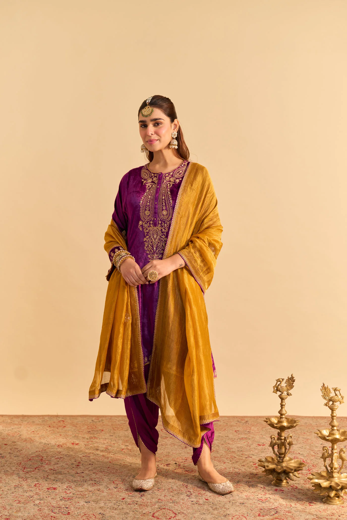Amal - Silk Velvet Deep Purple A-line Kurta with Dhoti