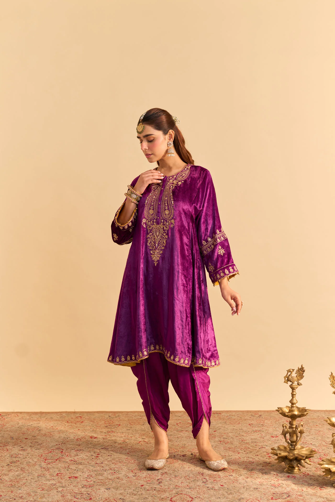 Amal - Silk Velvet Deep Purple A-line Kurta with Dhoti - Image 2