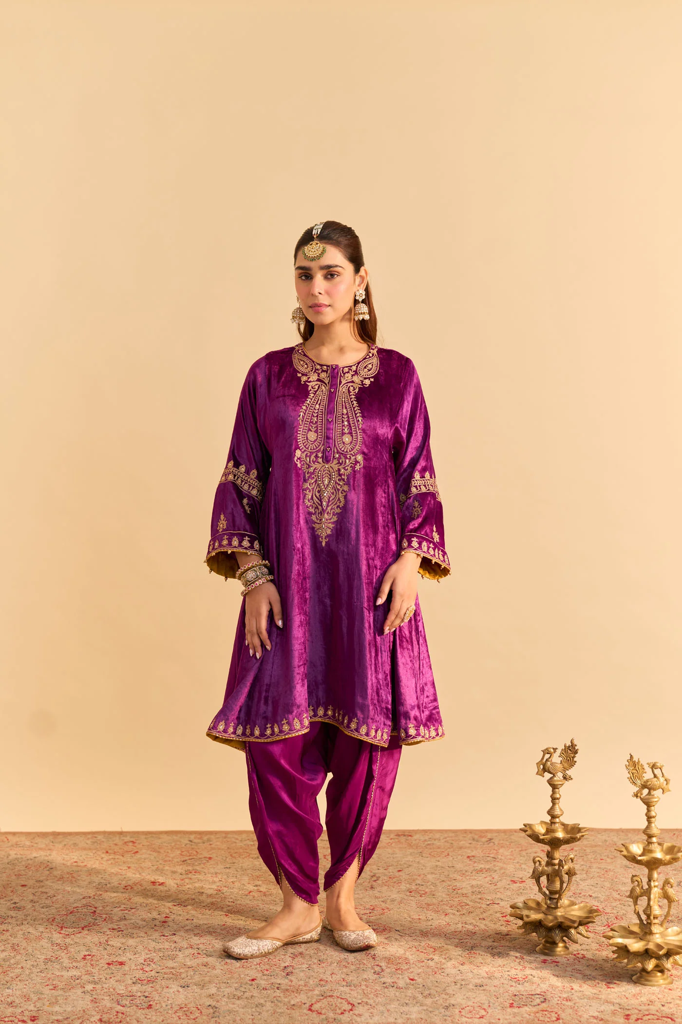 Amal - Silk Velvet Deep Purple A-line Kurta with Dhoti - Image 3