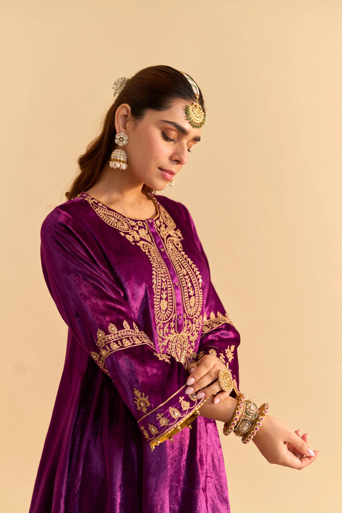 Amal - Silk Velvet Deep Purple A-line Kurta with Dhoti - Image 4