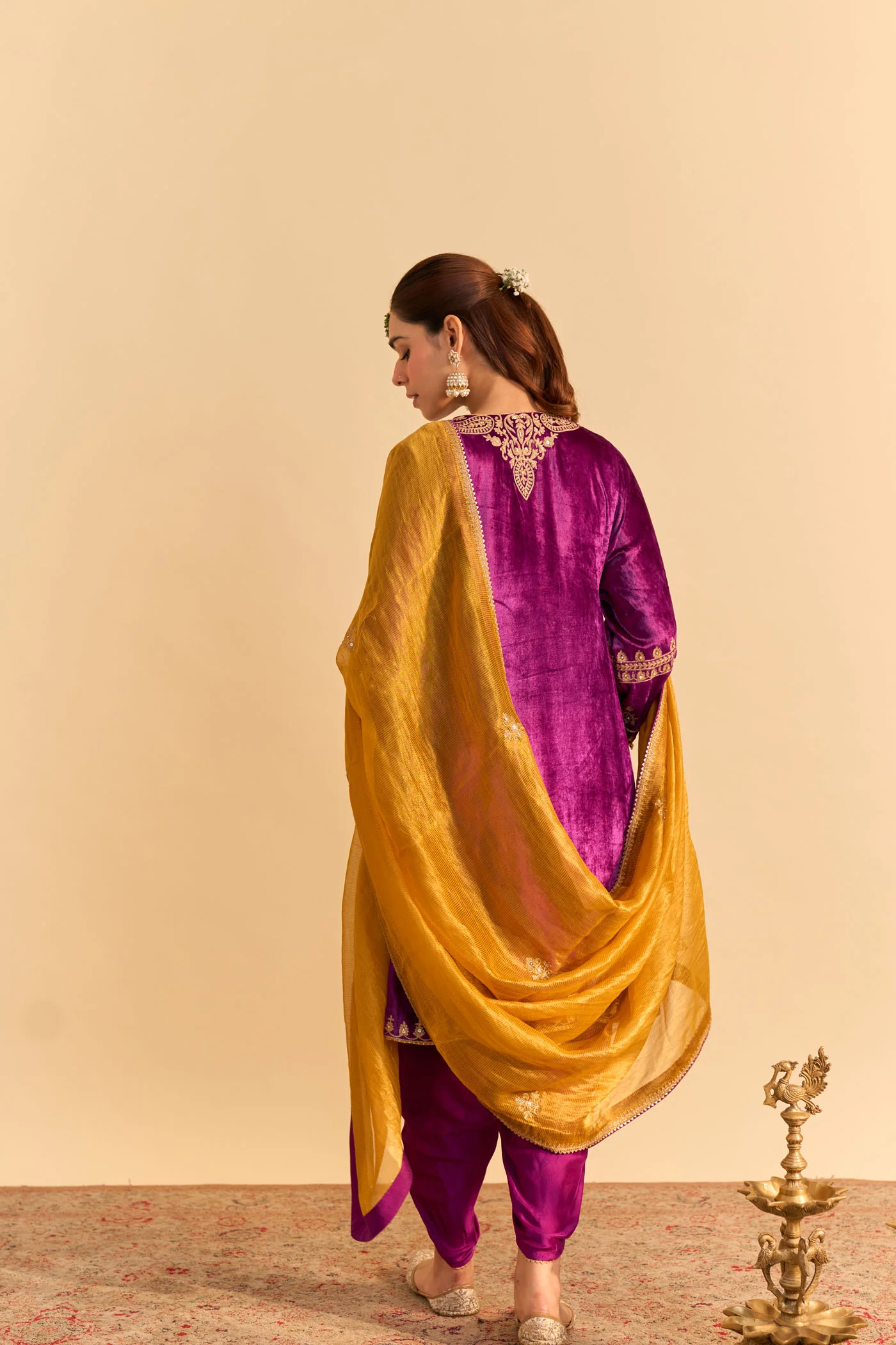 Amal - Silk Velvet Deep Purple A-line Kurta with Dhoti - Image 5