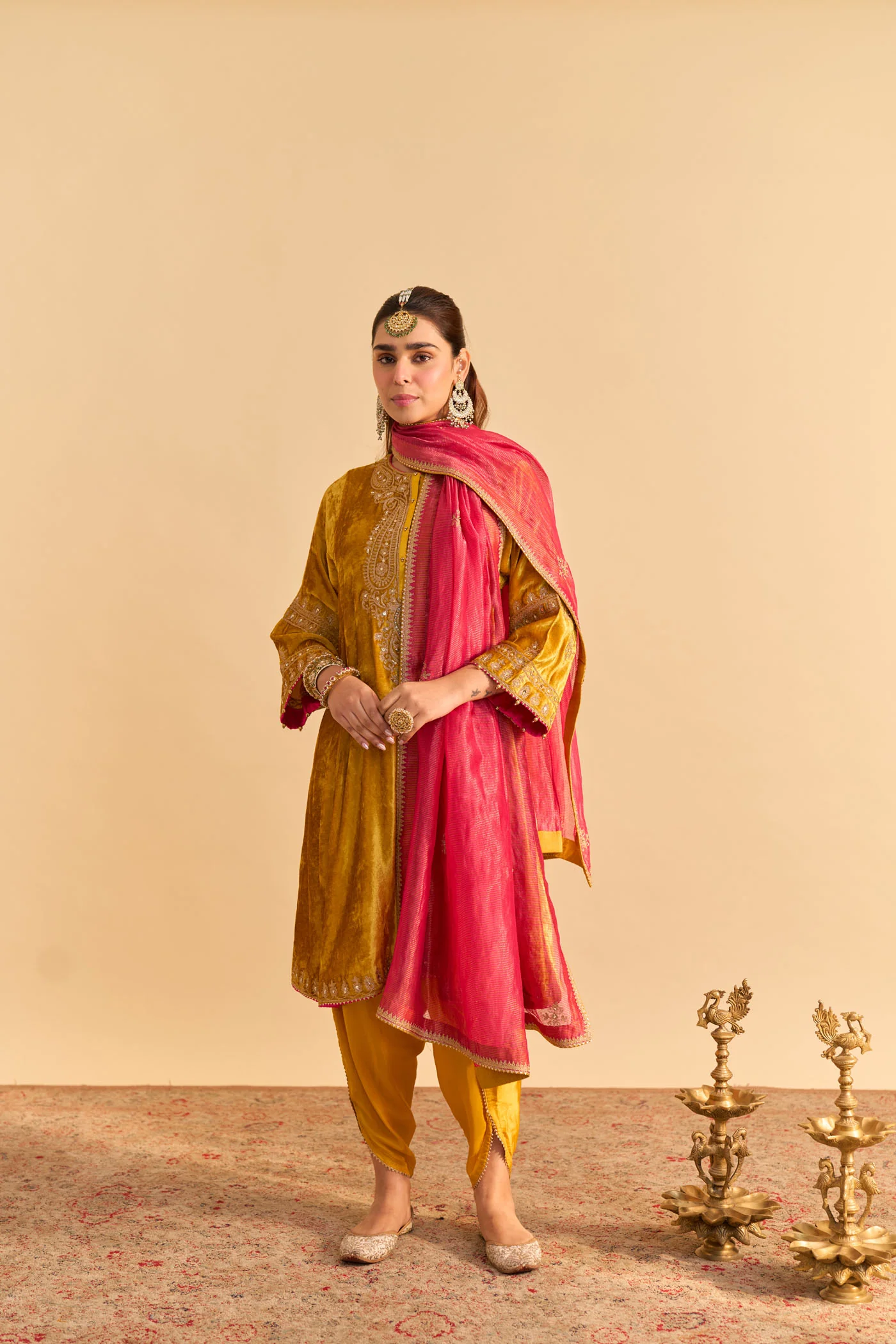 Amal - Silk Velvet Heirloom Mustard A-line Kurta with Dhoti