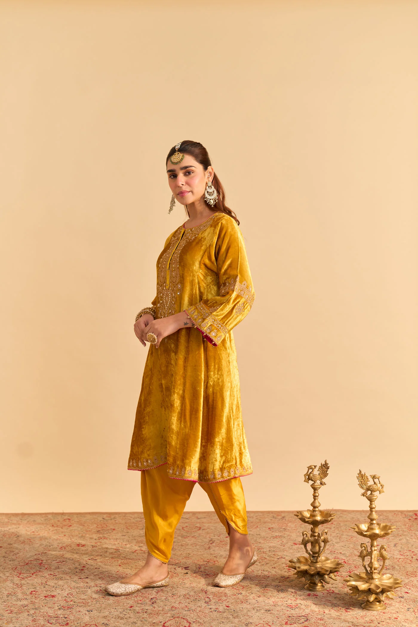 Amal - Silk Velvet Heirloom Mustard A-line Kurta with Dhoti - Image 2