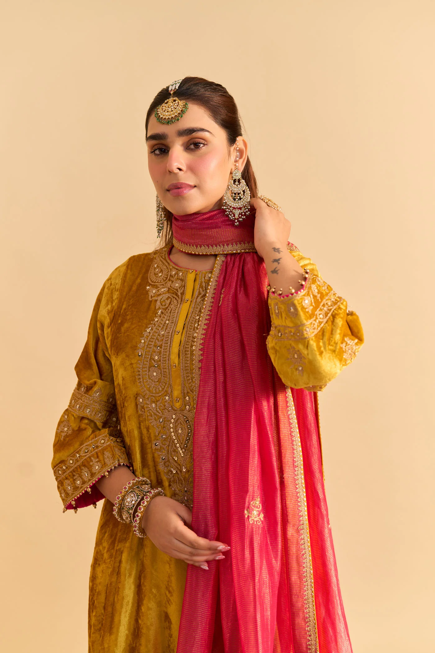 Amal - Silk Velvet Heirloom Mustard A-line Kurta with Dhoti - Image 4