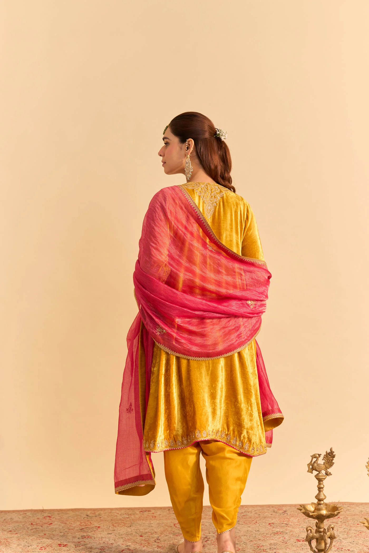 Amal - Silk Velvet Heirloom Mustard A-line Kurta with Dhoti - Image 5