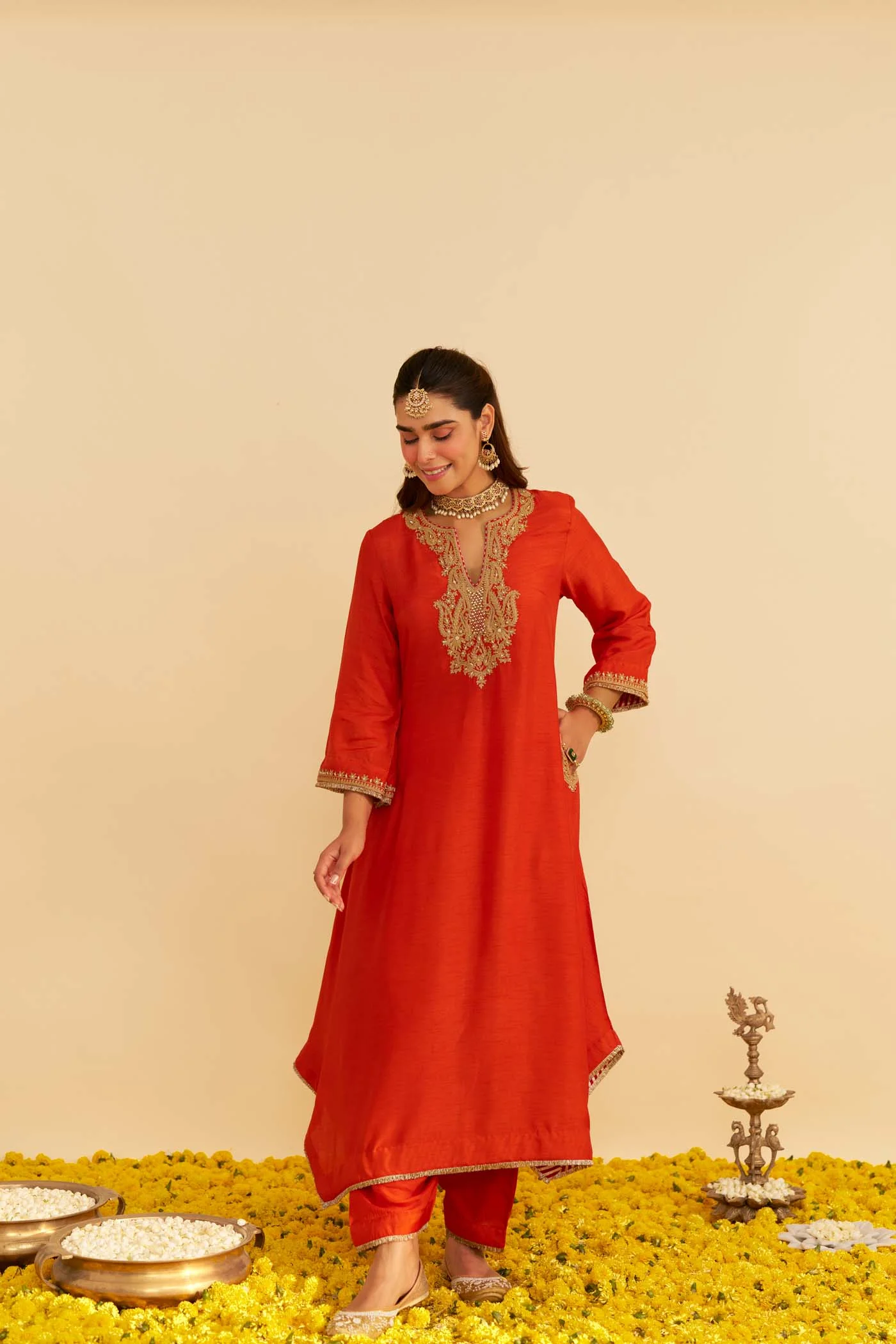 AMAYA - BURNT ORANGE LONG KAFTAN WITH SALWAR - Image 2
