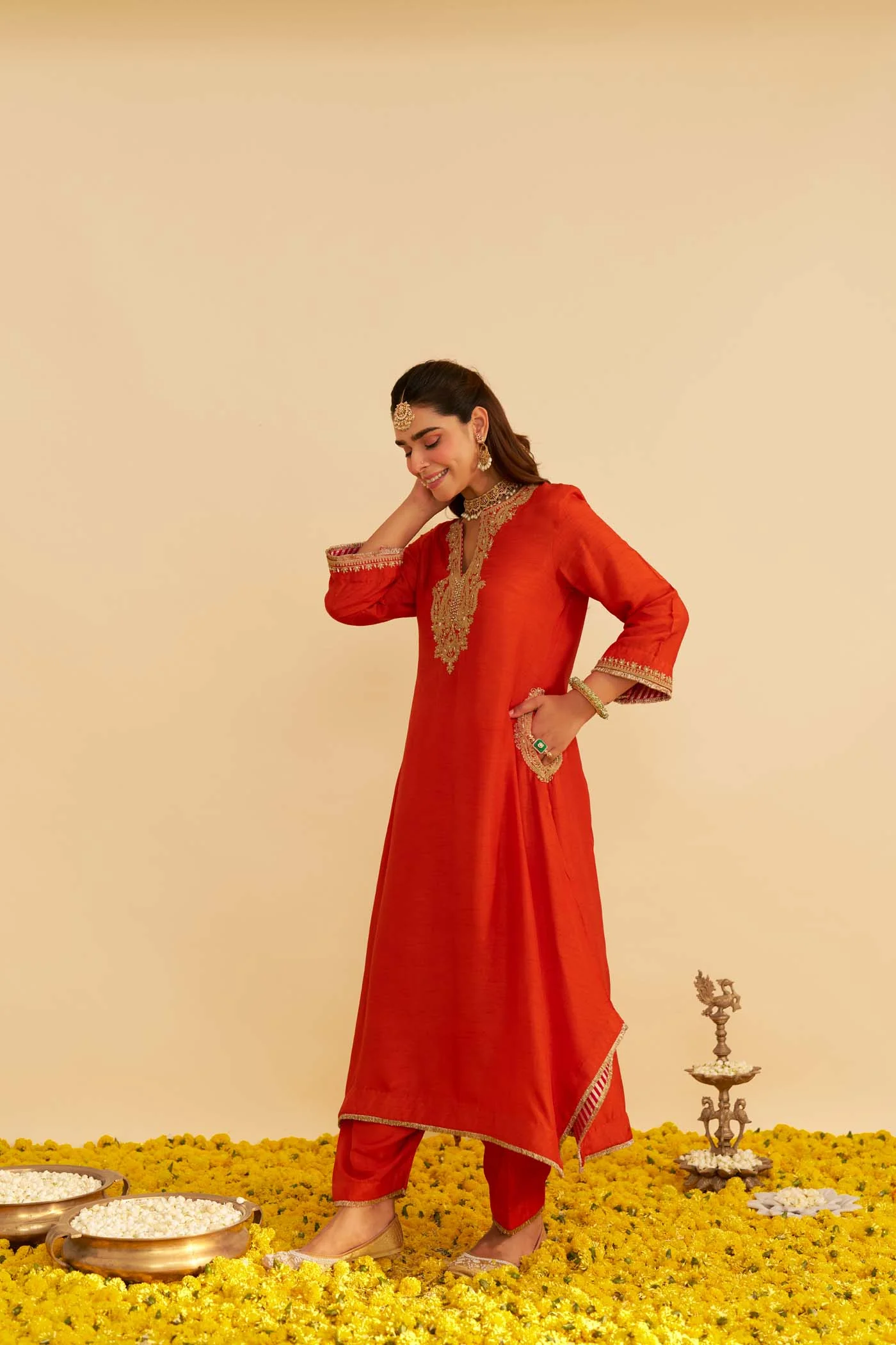 AMAYA - BURNT ORANGE LONG KAFTAN WITH SALWAR - Image 3