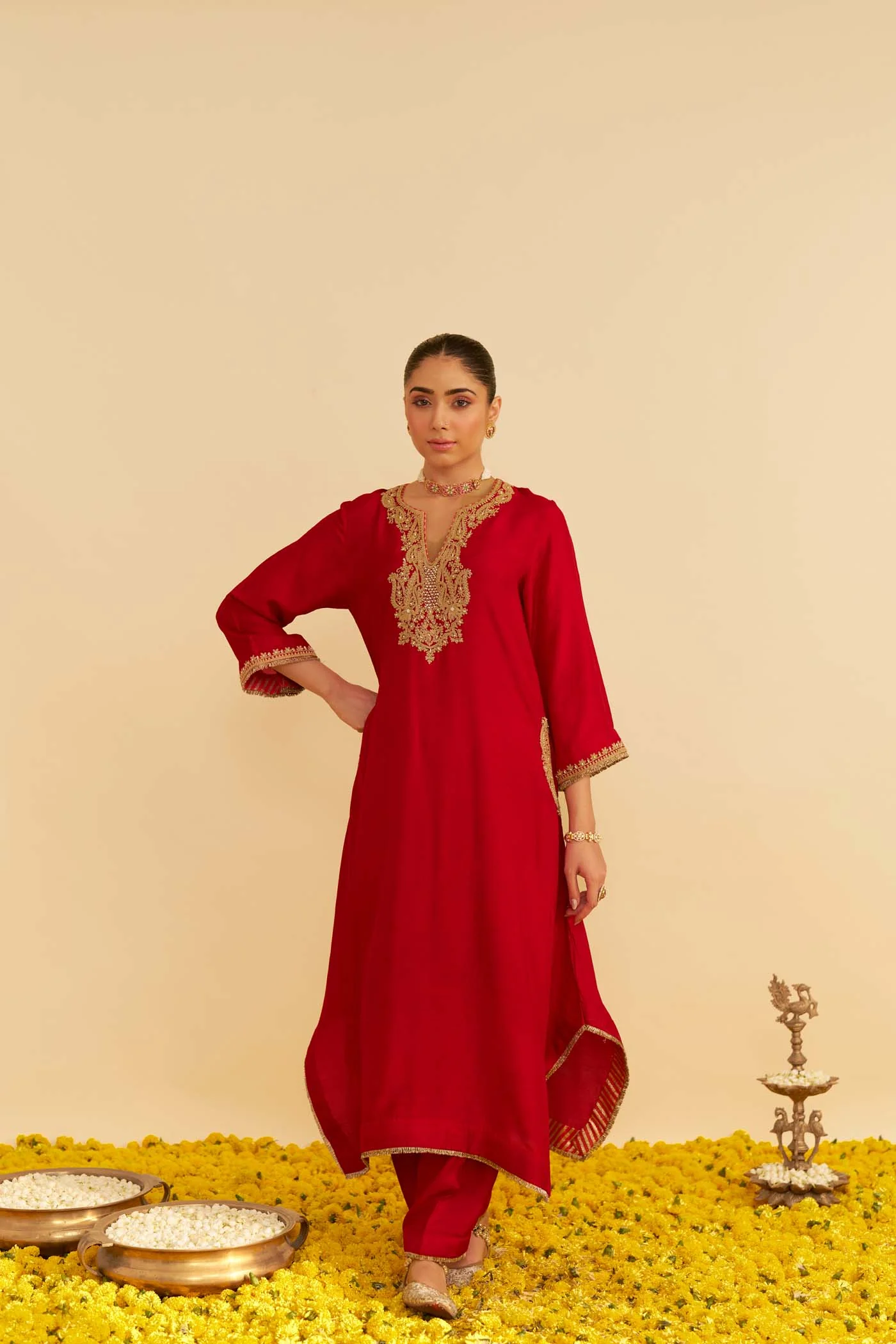AMAYA - DEEP RED LONG KAFTAN WITH SALWAR - Image 2