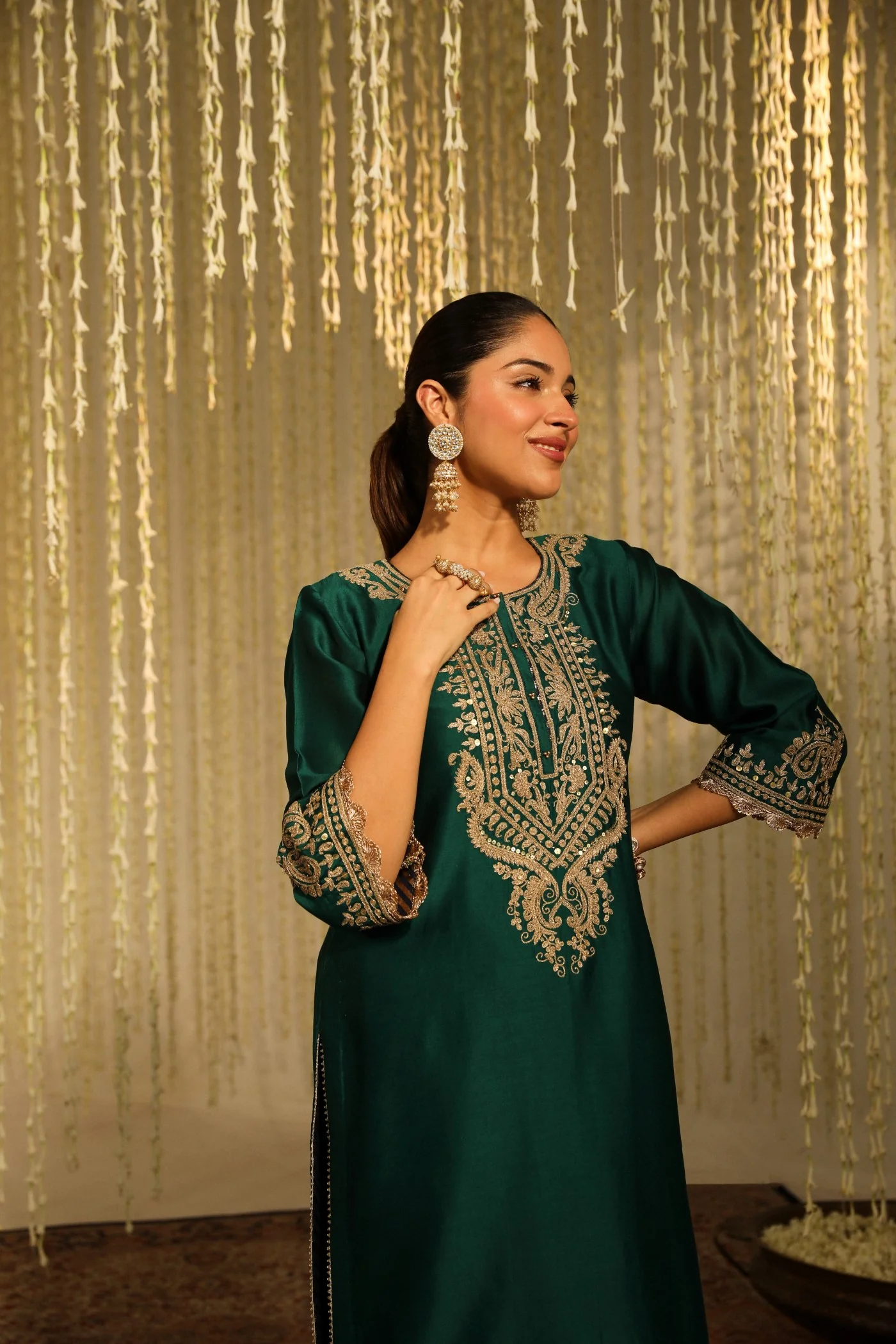 AMAYRA - EMERALD GREEN SHORT KURTA WITH DHOTI - Image 4