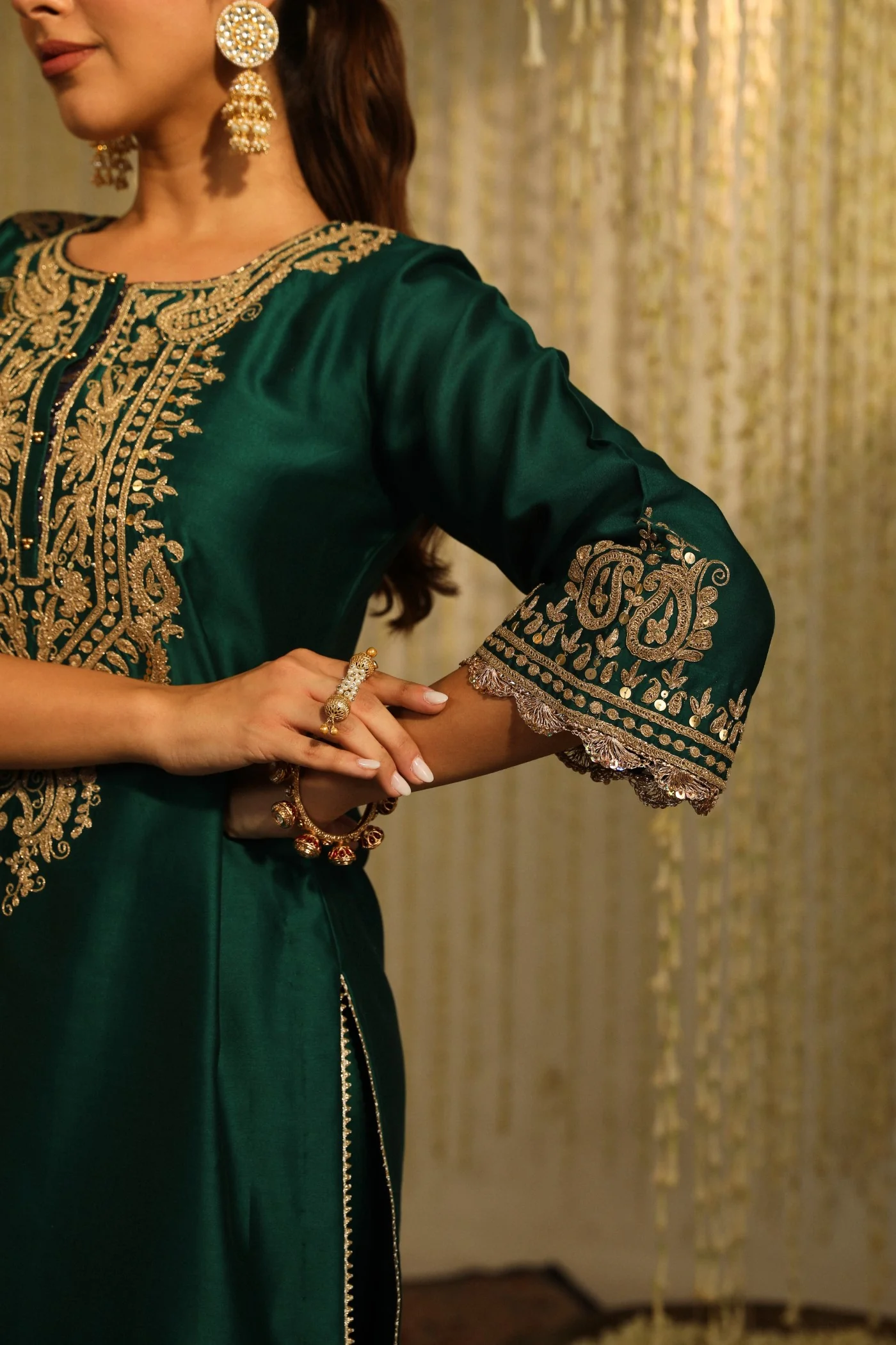 AMAYRA - EMERALD GREEN SHORT KURTA WITH DHOTI - Image 5