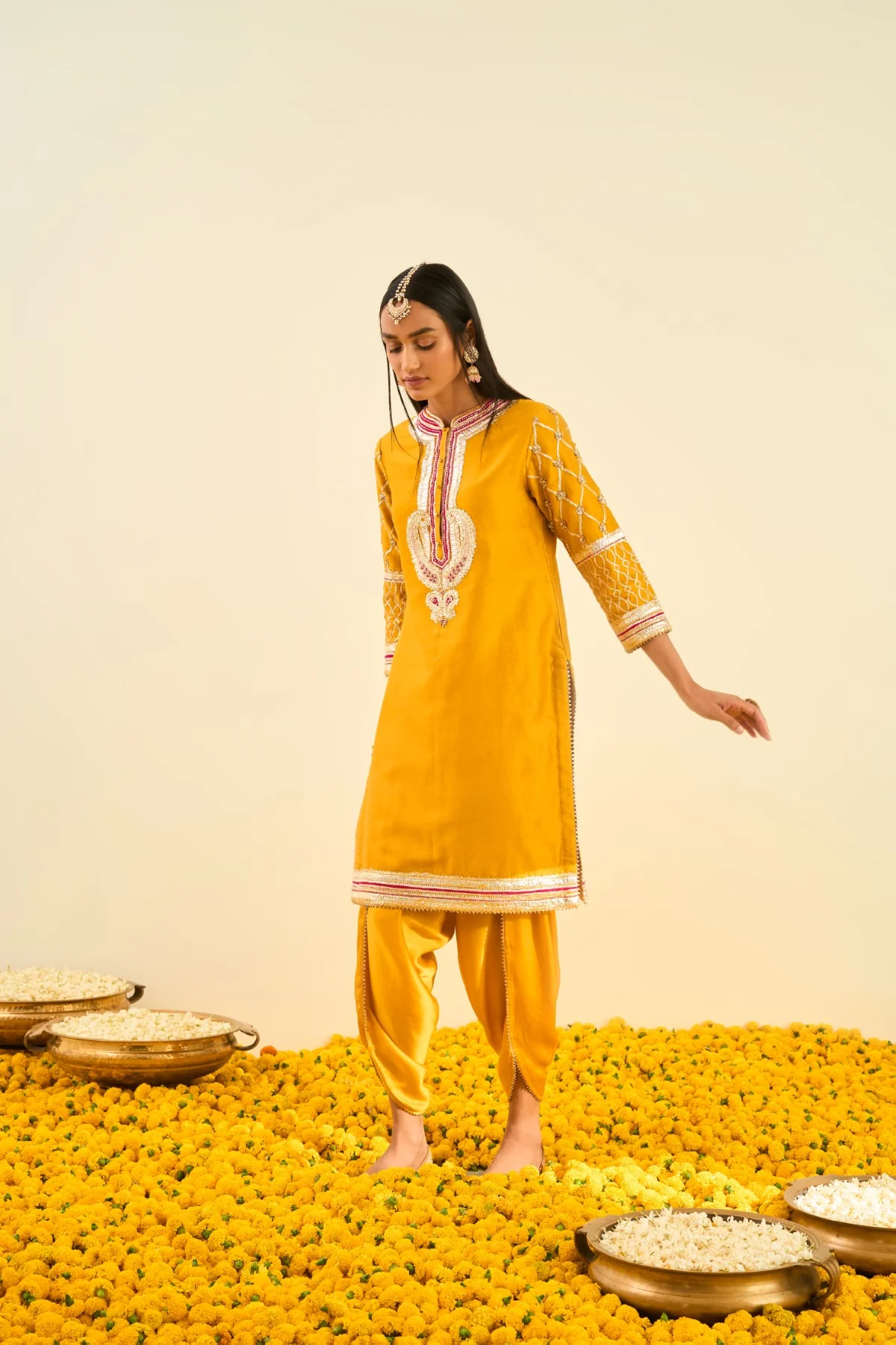 Aminah Glaze Mustard kurta with dhoti - Image 2