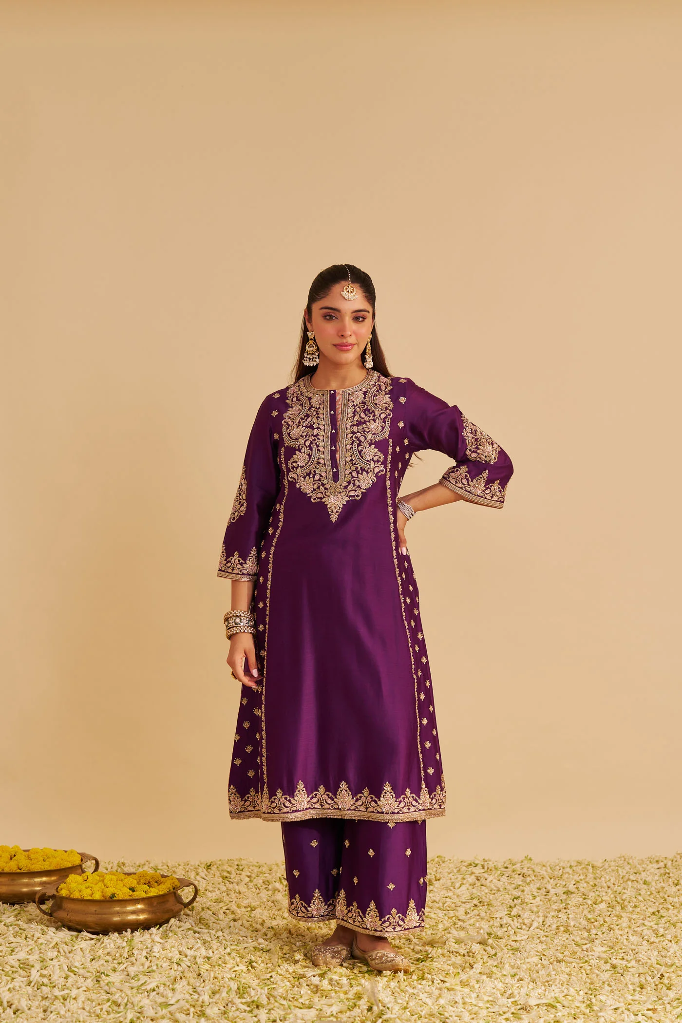 Anaiza - Dabka Zardozi Embroidered Purple Long Kurta & Palazzo with Dupatta - Image 2