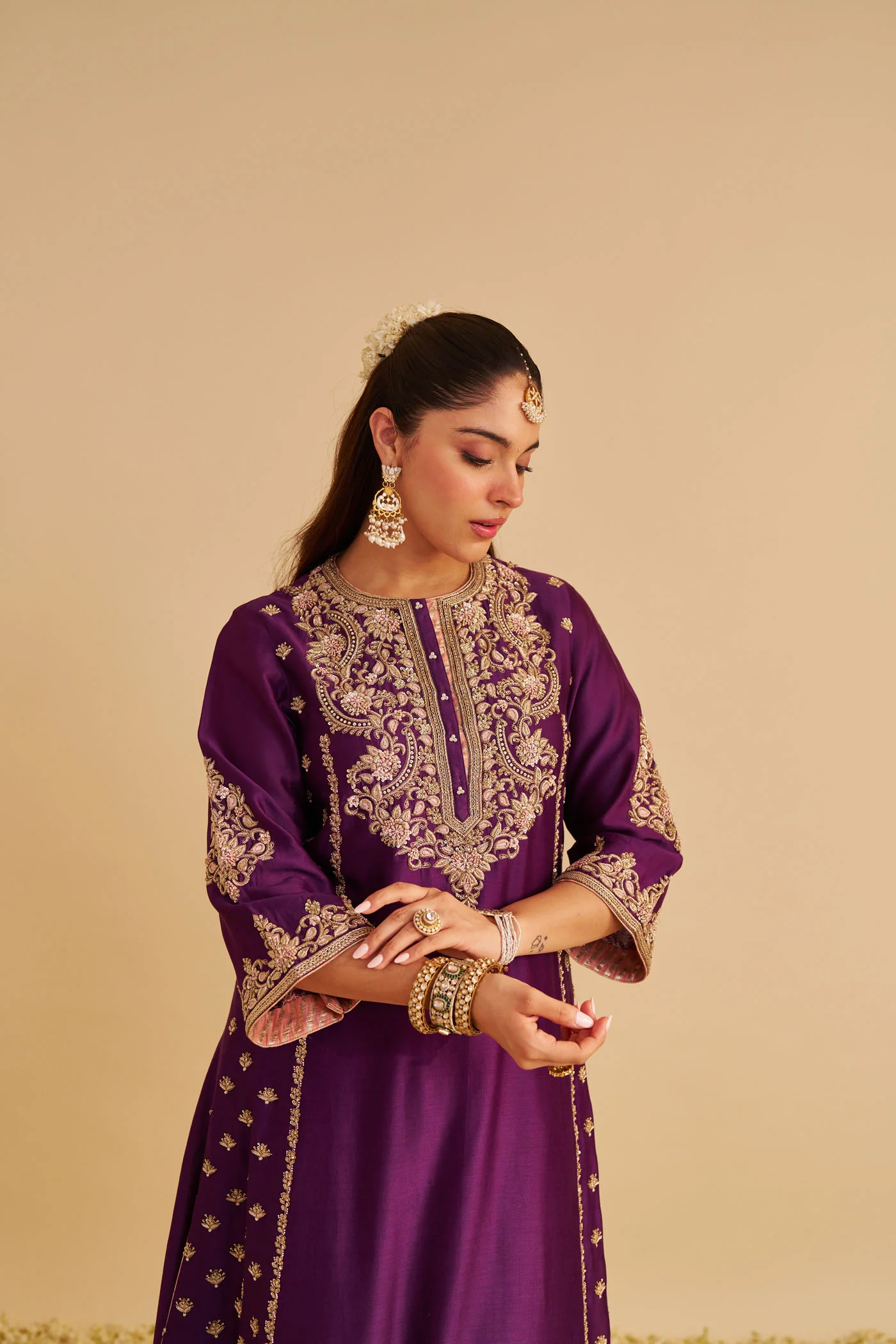 Anaiza - Dabka Zardozi Embroidered Purple Long Kurta & Palazzo with Dupatta - Image 3