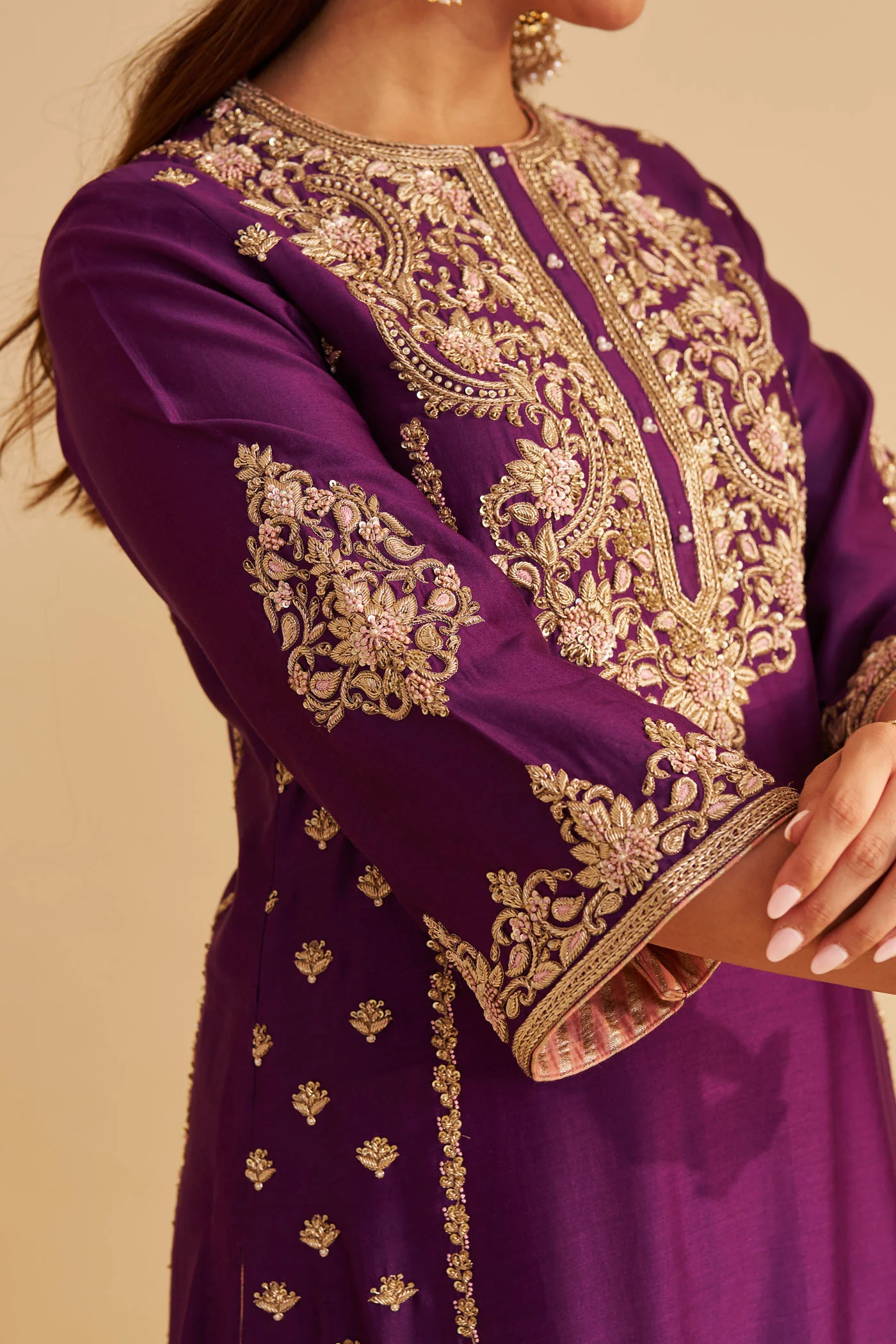 Anaiza - Dabka Zardozi Embroidered Purple Long Kurta & Palazzo with Dupatta - Image 4