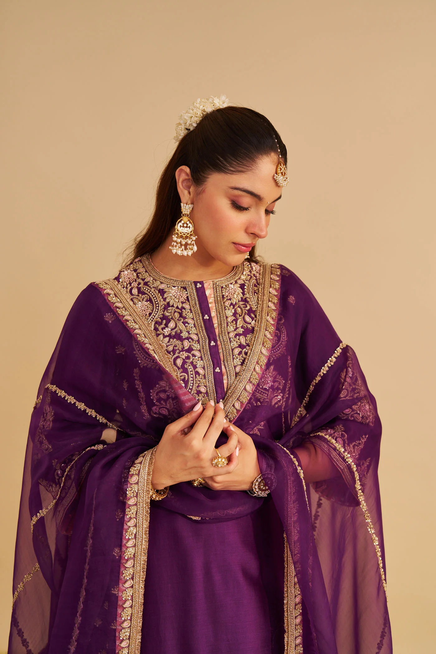 Anaiza - Dabka Zardozi Embroidered Purple Long Kurta & Palazzo with Dupatta - Image 5