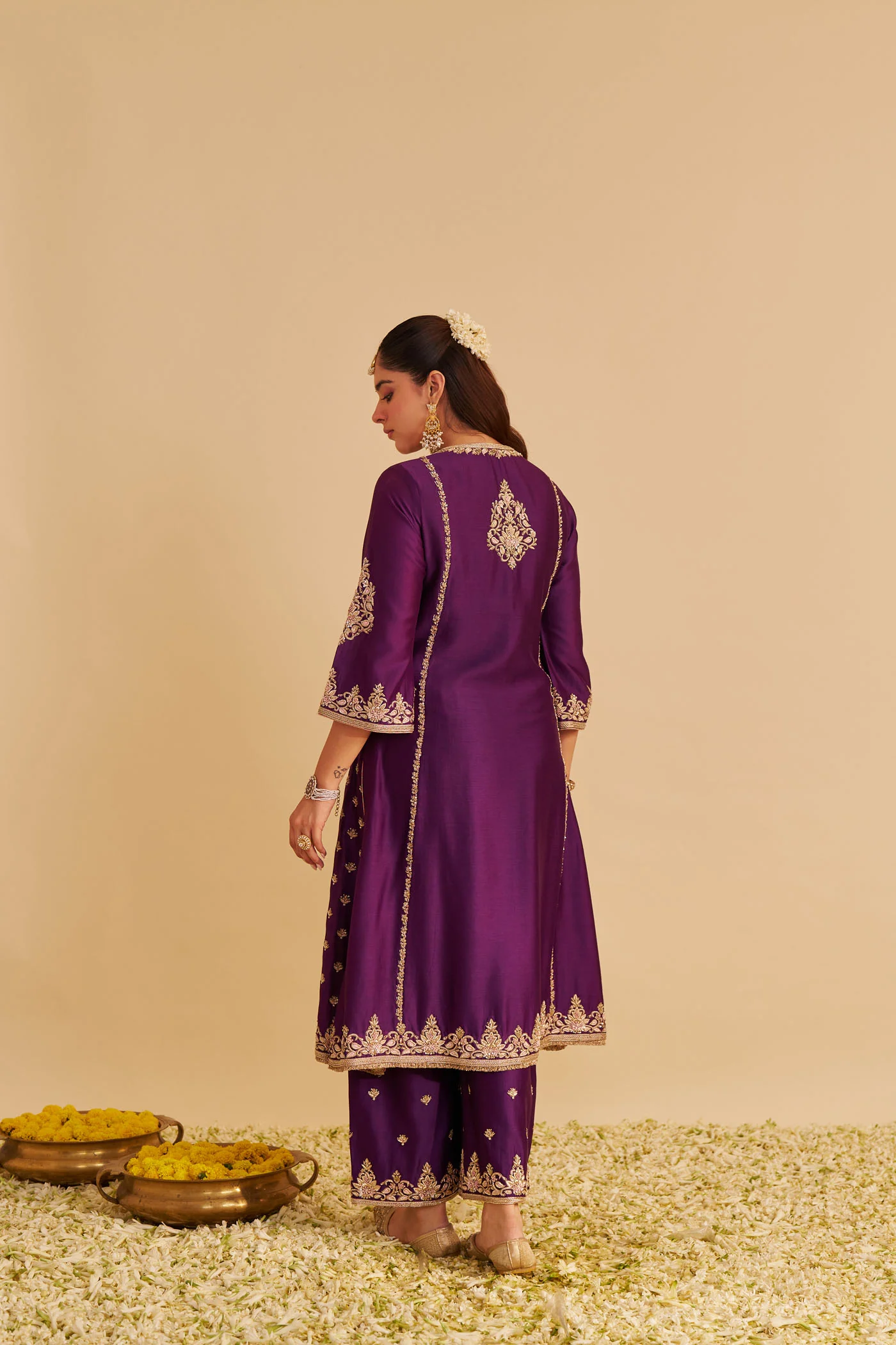 Anaiza - Dabka Zardozi Embroidered Purple Long Kurta & Palazzo with Dupatta - Image 6