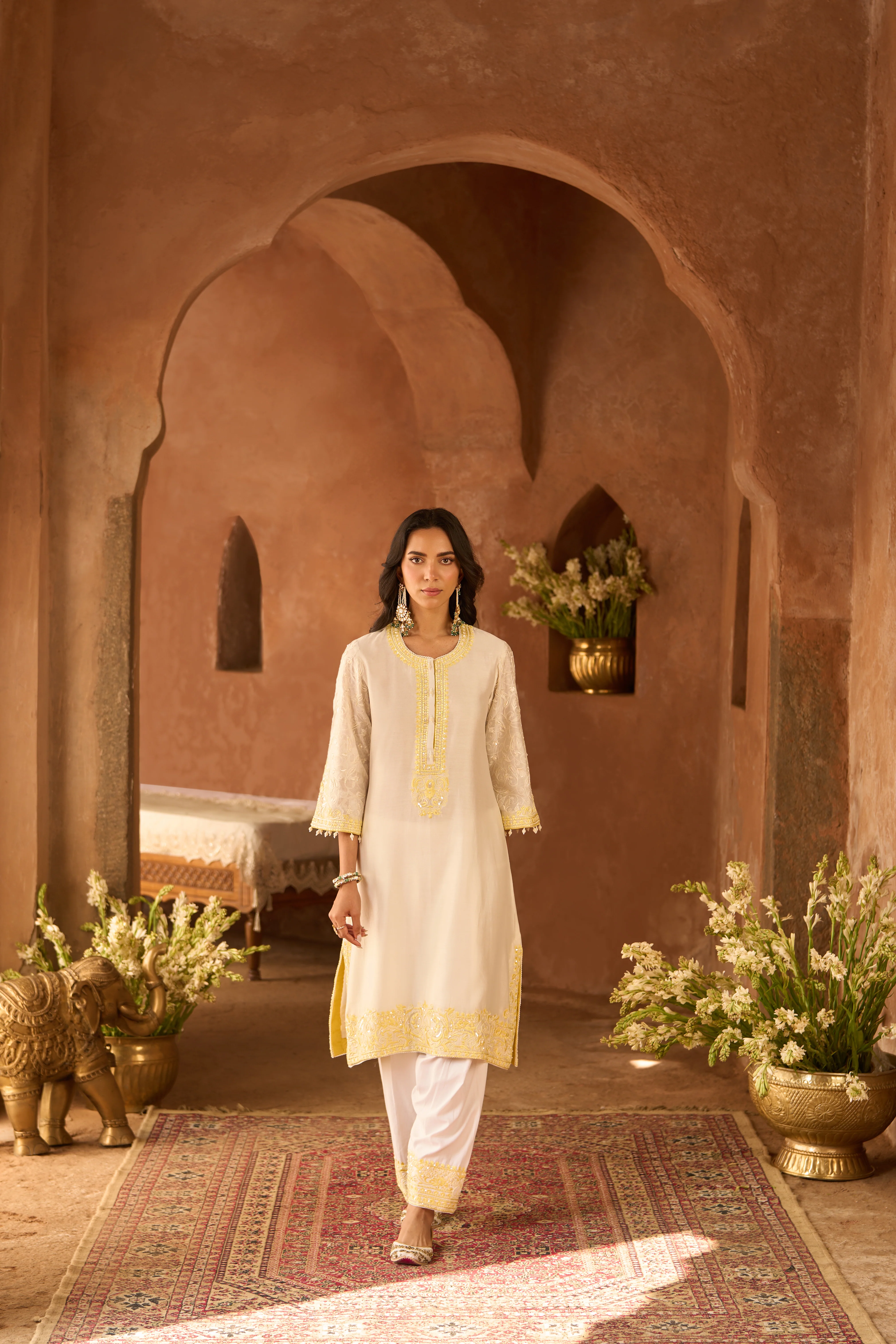 ANAM - DAISY IVORY WITH LEMON YELLOW A-LINE KURTA WITH SALWAR AND DUPATTA - Image 3