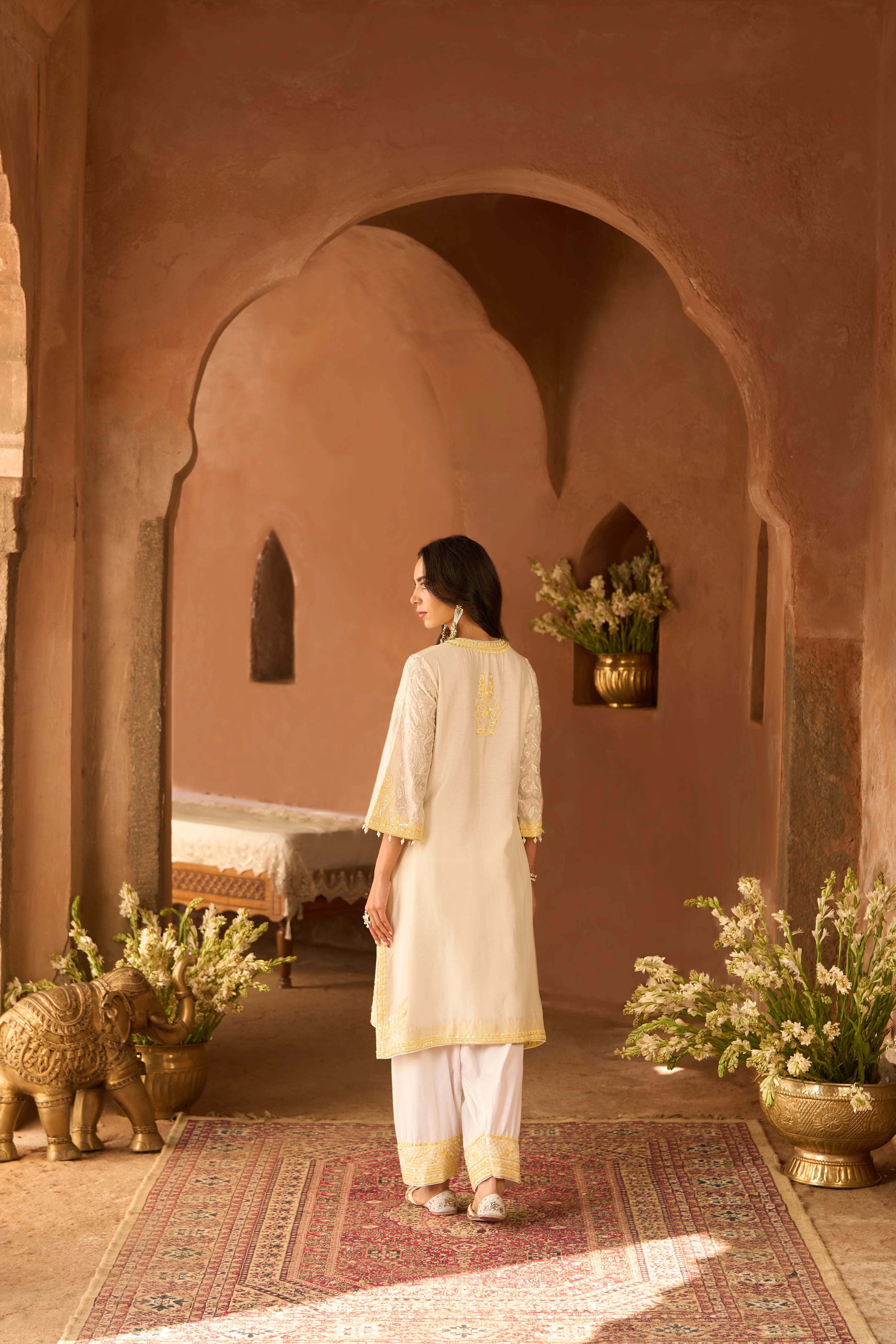 ANAM - DAISY IVORY WITH LEMON YELLOW A-LINE KURTA WITH SALWAR AND DUPATTA - Image 5