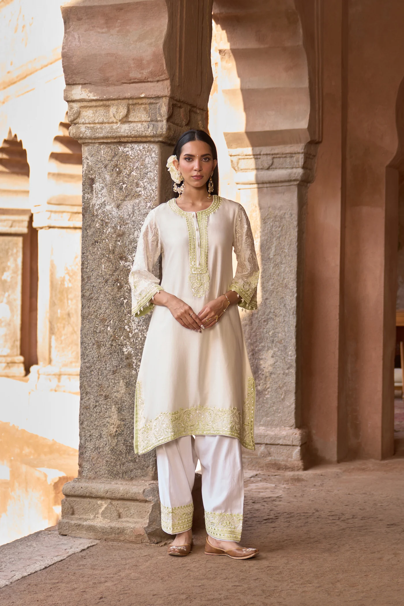 ANAM - DAISY IVORY WITH MINT GREEN A-LINE KURTA WITH SALWAR AND DUPATTA - Image 3