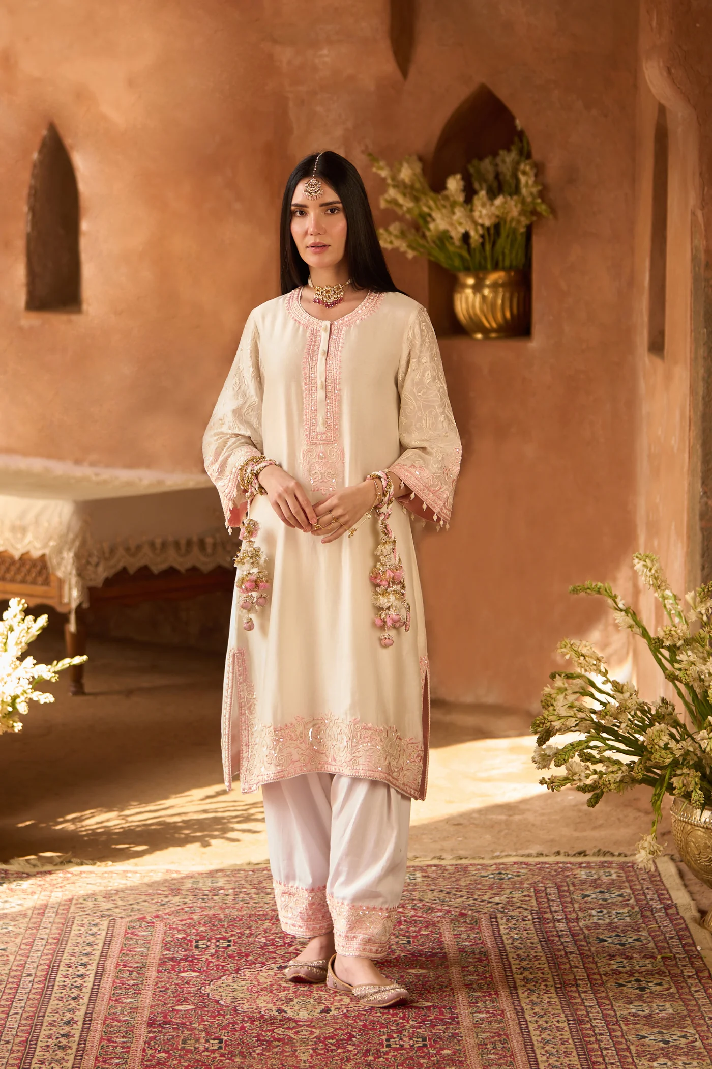 ANAM - DAISY IVORY WITH PINK A-LINE KURTA WITH SALWAR AND DUPATTA - Image 3