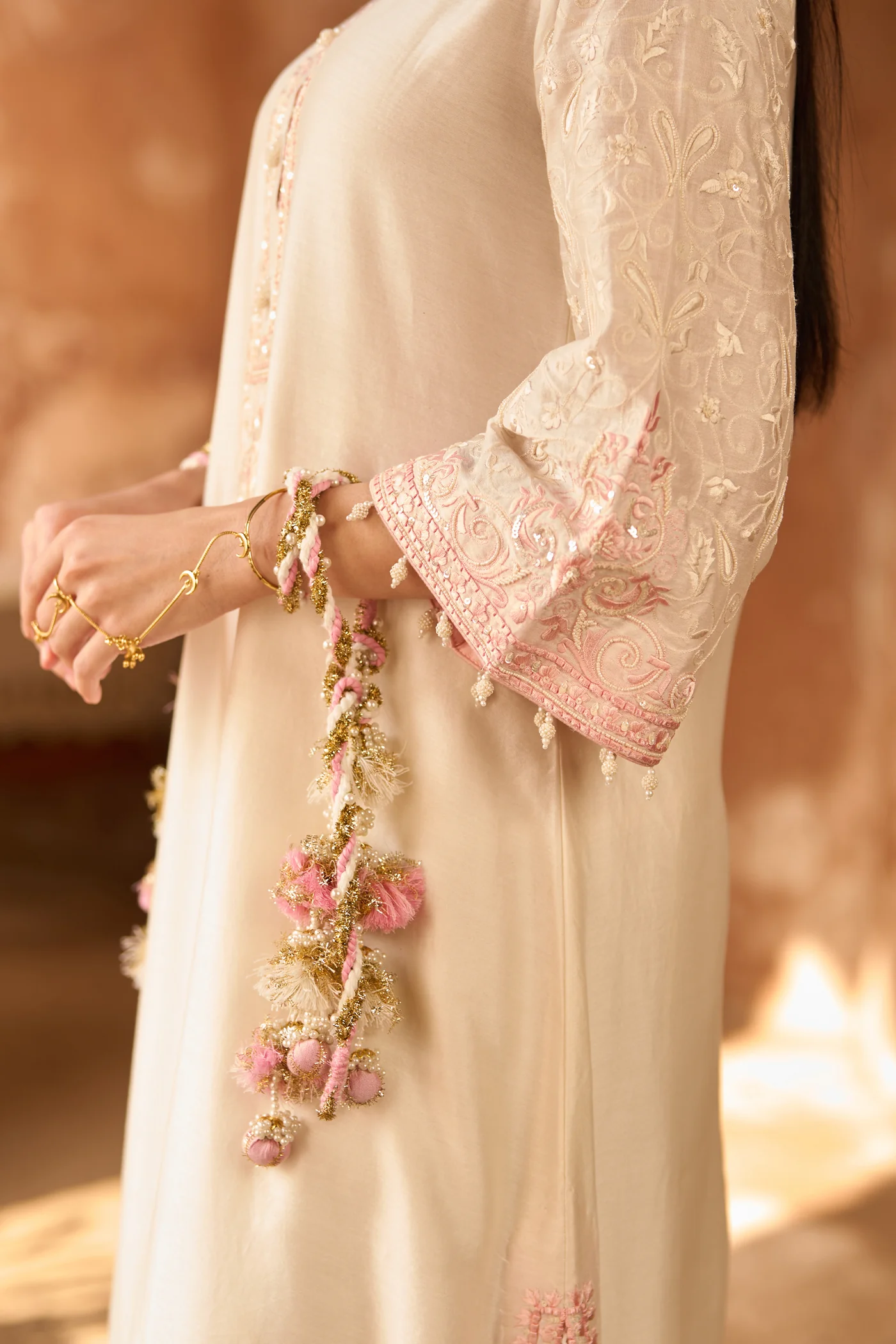ANAM - DAISY IVORY WITH PINK A-LINE KURTA WITH SALWAR AND DUPATTA - Image 5