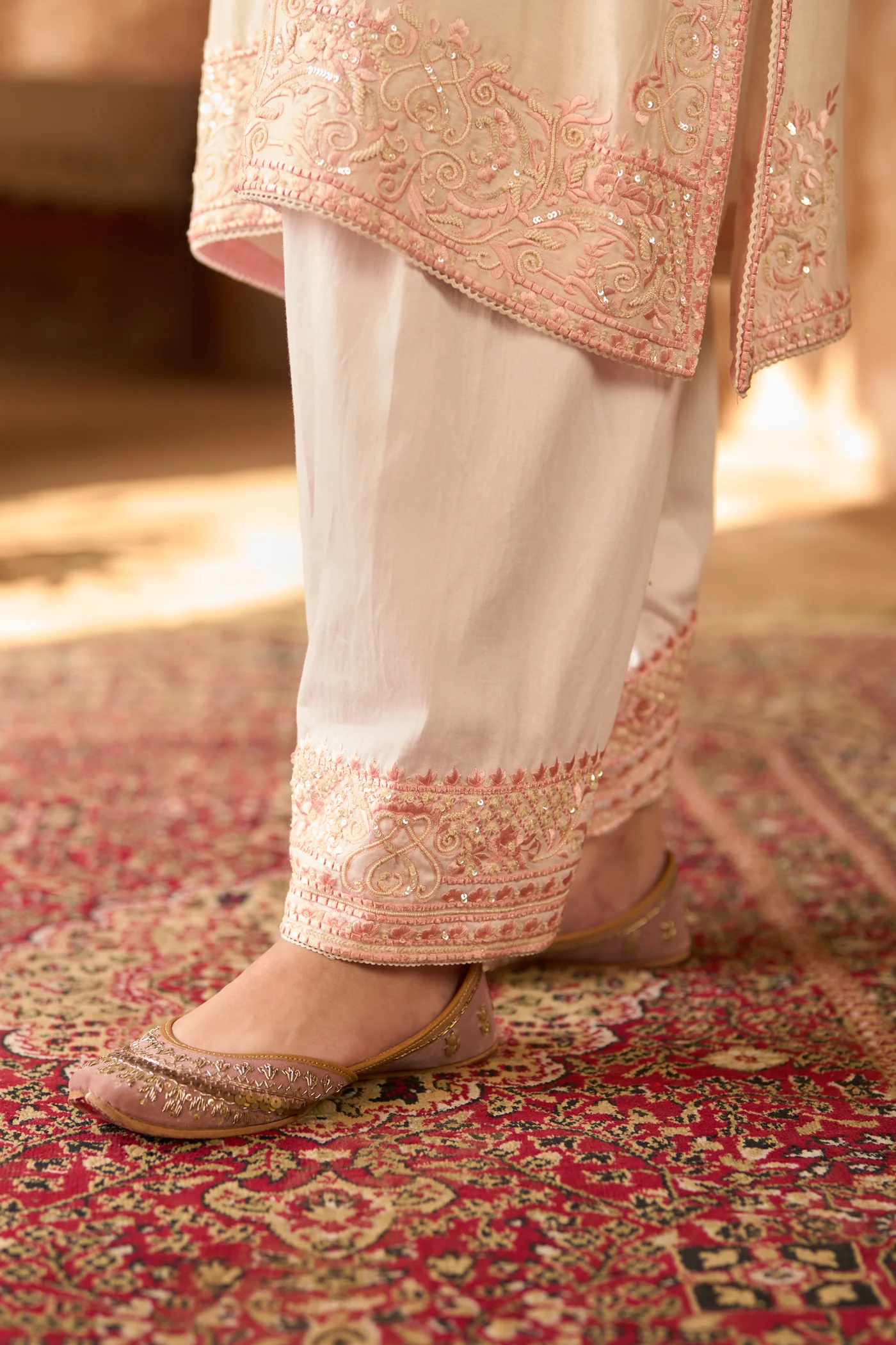 ANAM - DAISY IVORY WITH PINK A-LINE KURTA WITH SALWAR AND DUPATTA - Image 6