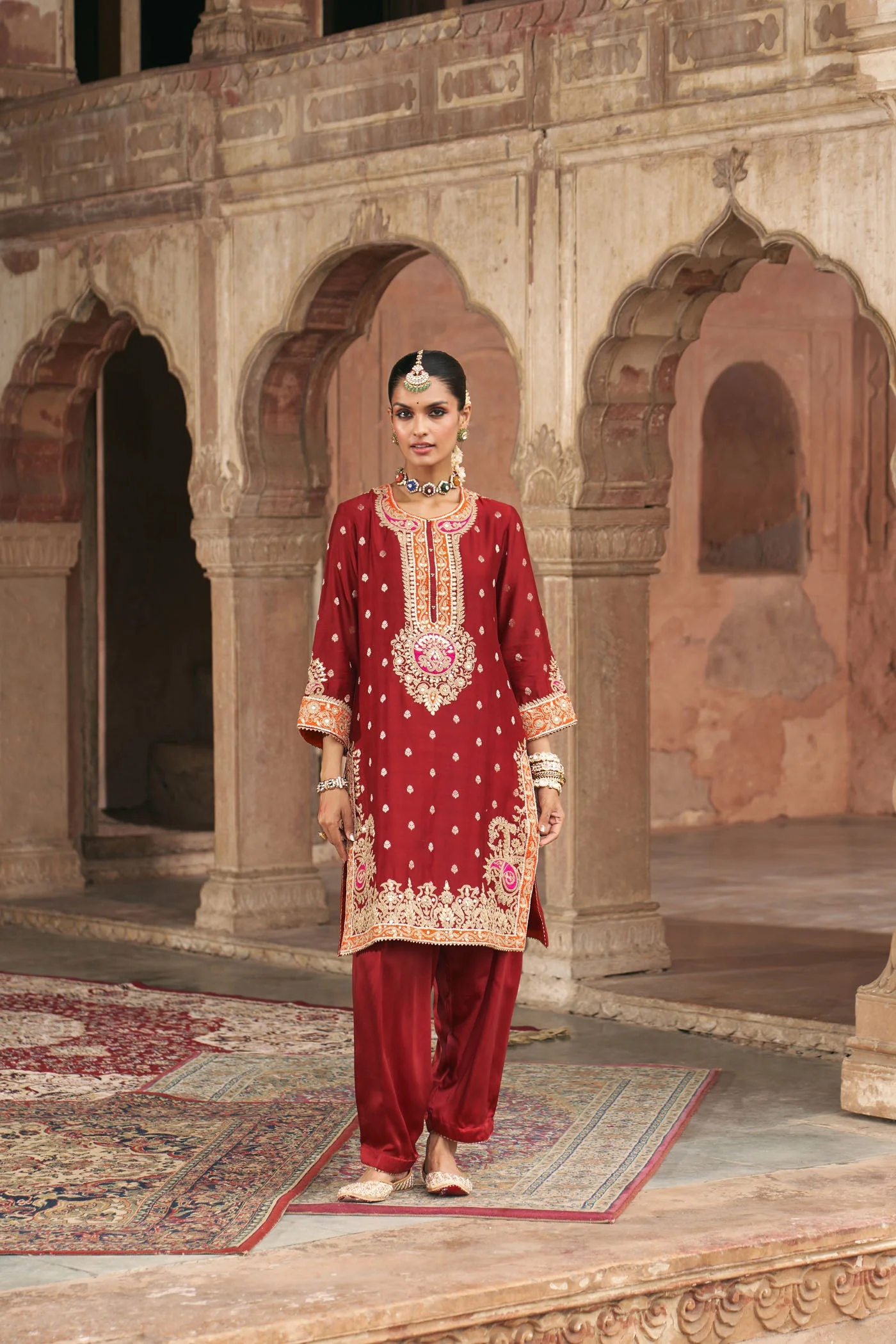 ANILA - DEEP RED SHORT KURTA WITH SALWAR (Lxrts) - Image 2