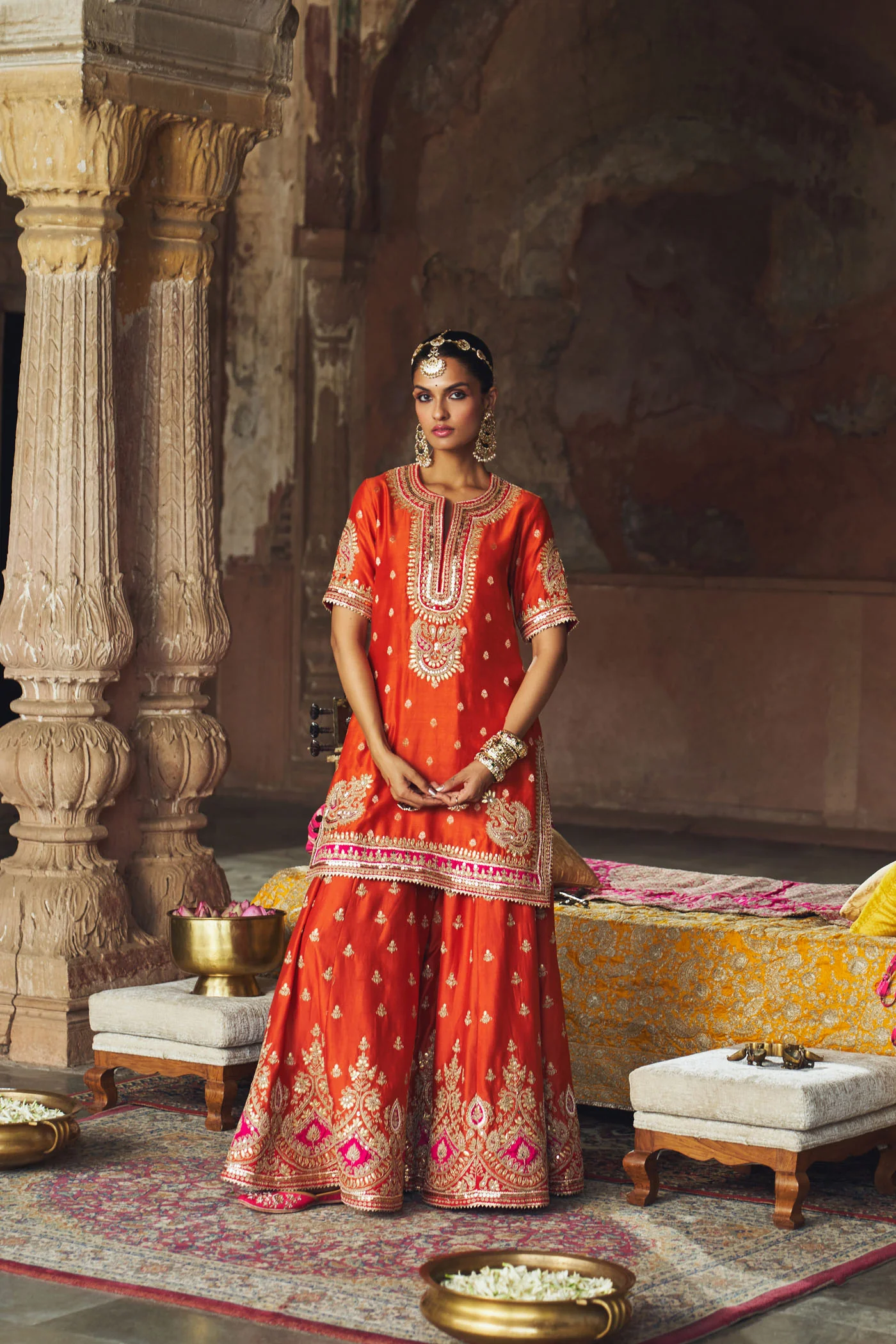 AREESHA - BURNT ORANGE SHORT KURTA WITH SHARARA AND DUPATTA - Image 4