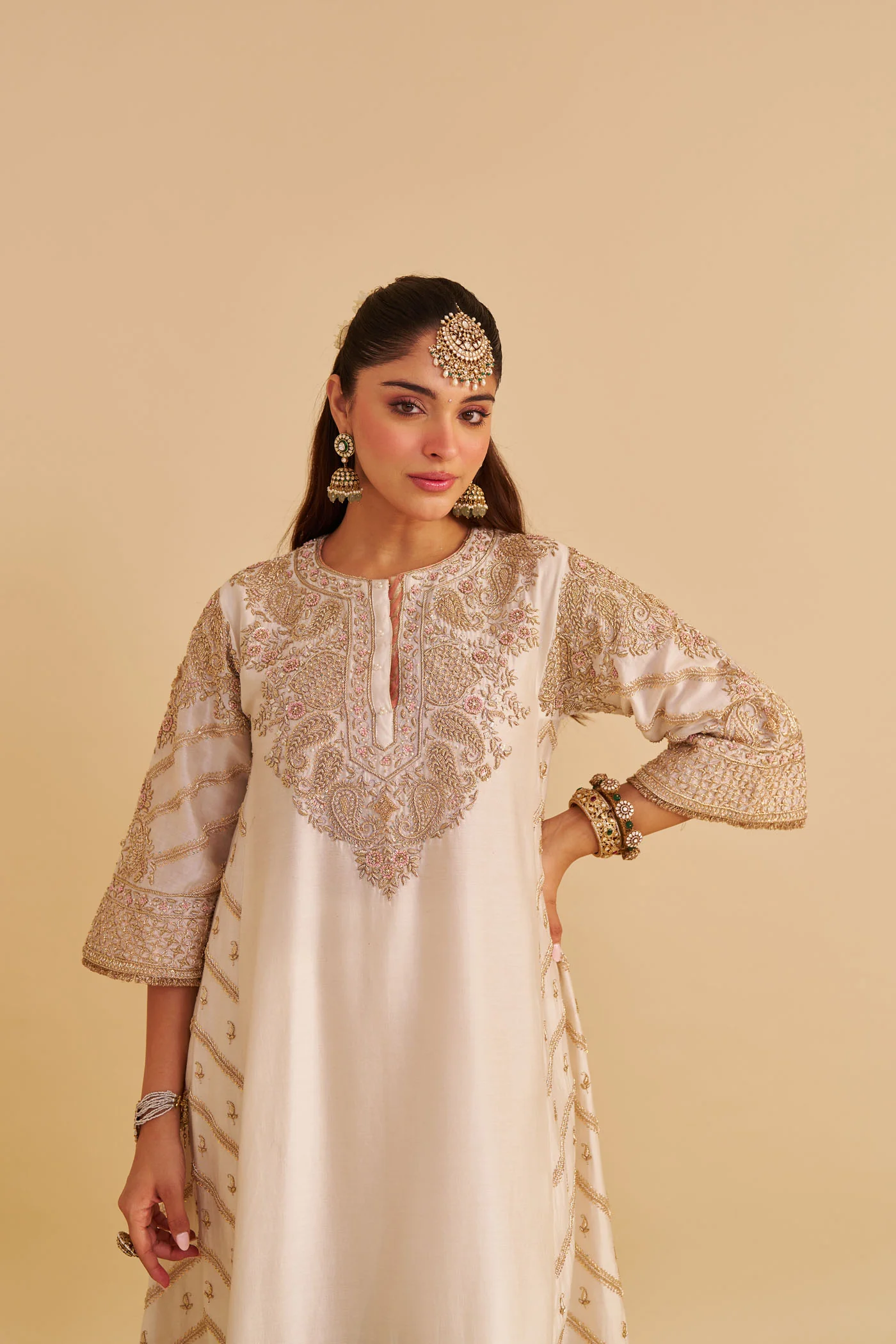 Aqsha  - Dabka Zardozi Embroidered Rich Banarasi Daisy Ivory Long Chauga & Palazzo with Dupatta - Image 4