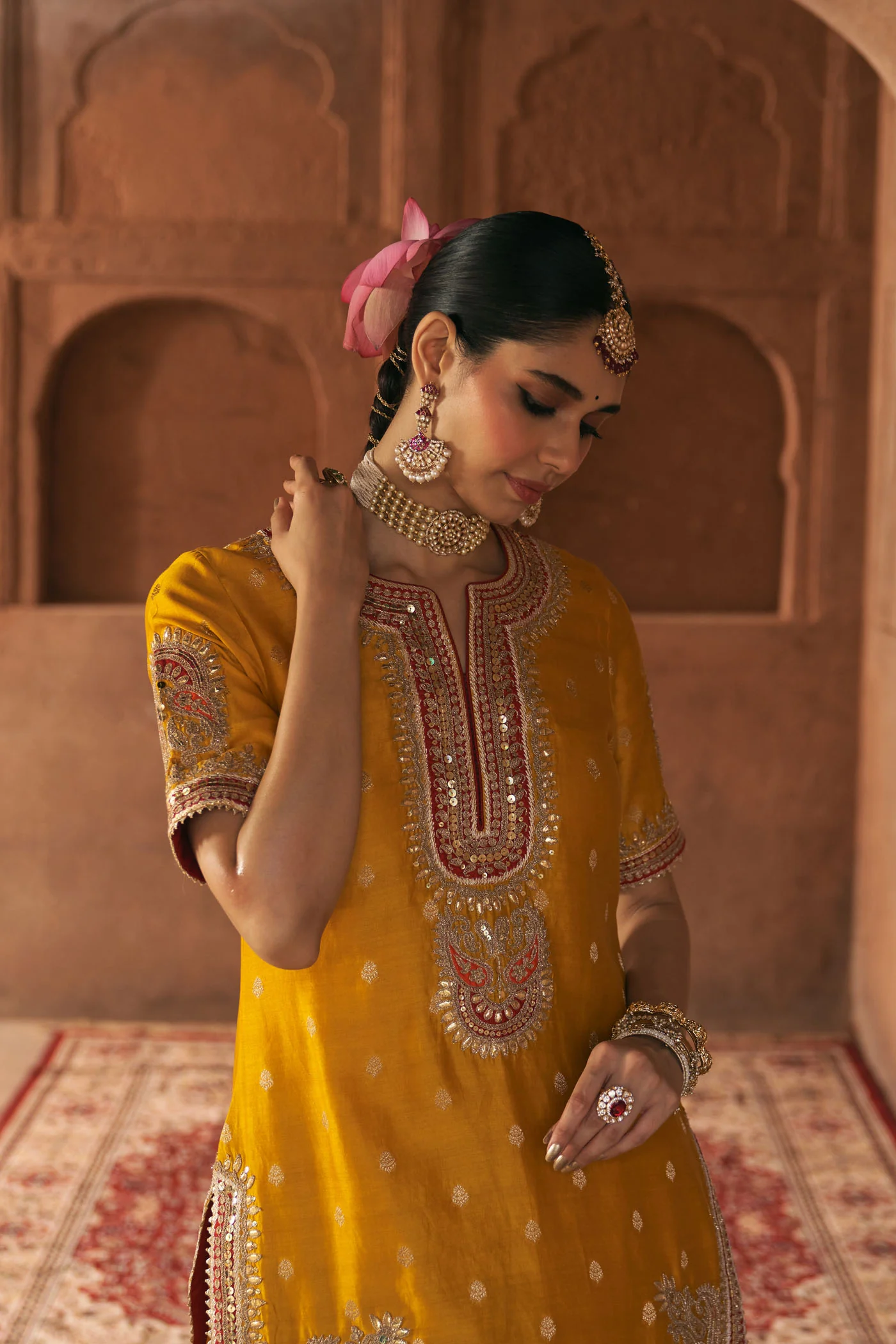AREESHA - Heirloom Mustard SHORT KURTA WITH SHARARA AND DUPATTA - Image 4
