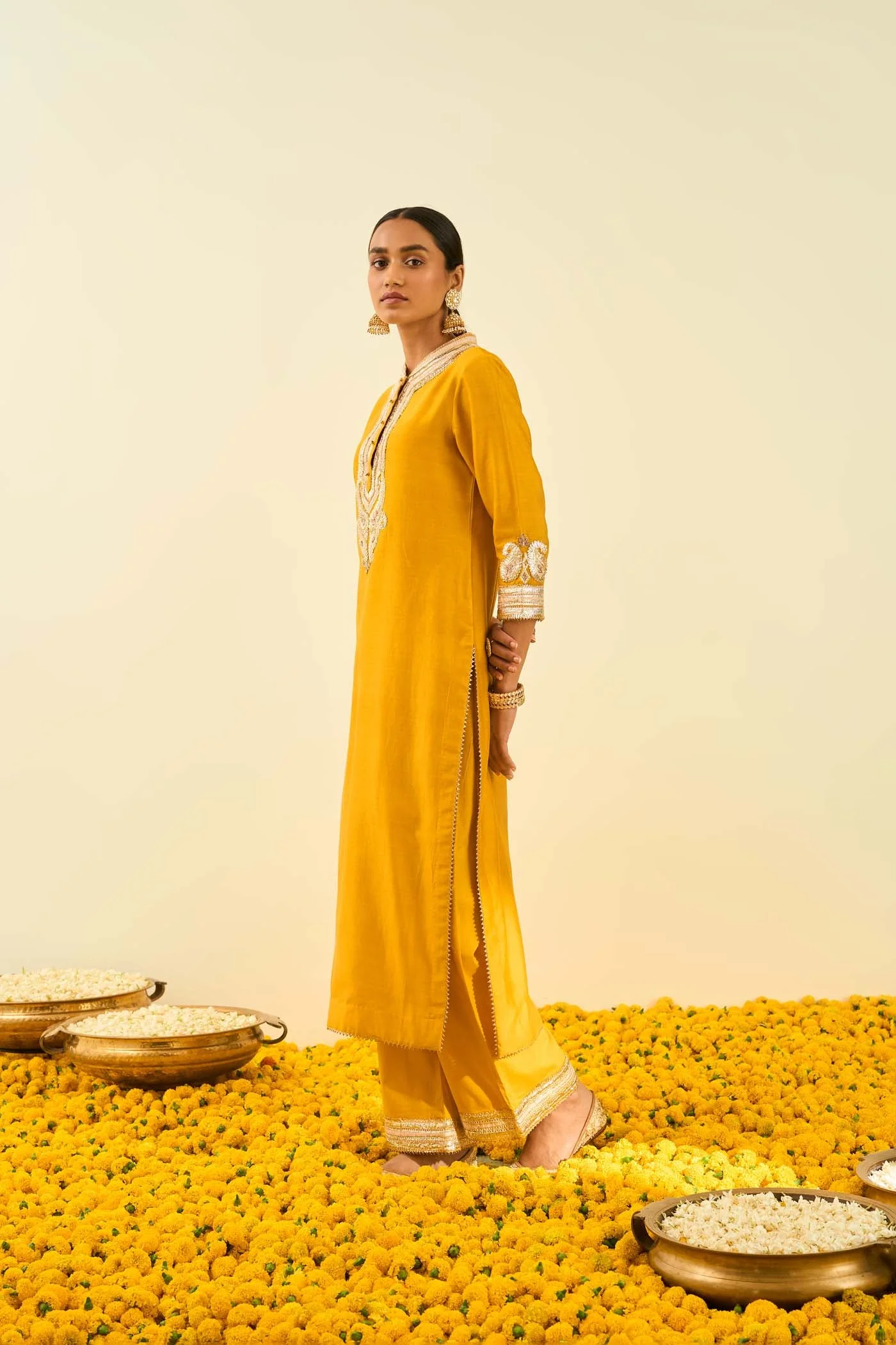 Arisah- Glaze Mustard straight long kurta with palazzo (Lxrts) - Image 2
