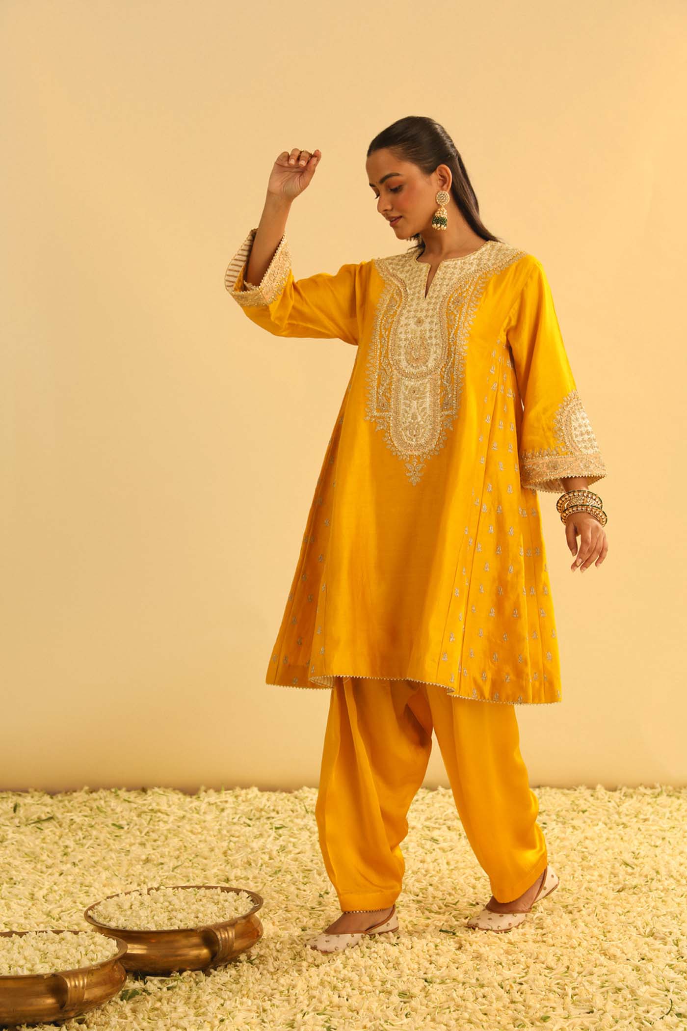 Arisana - Heirloom Mustard Short Kalidaar Choga with Salwar - Image 3