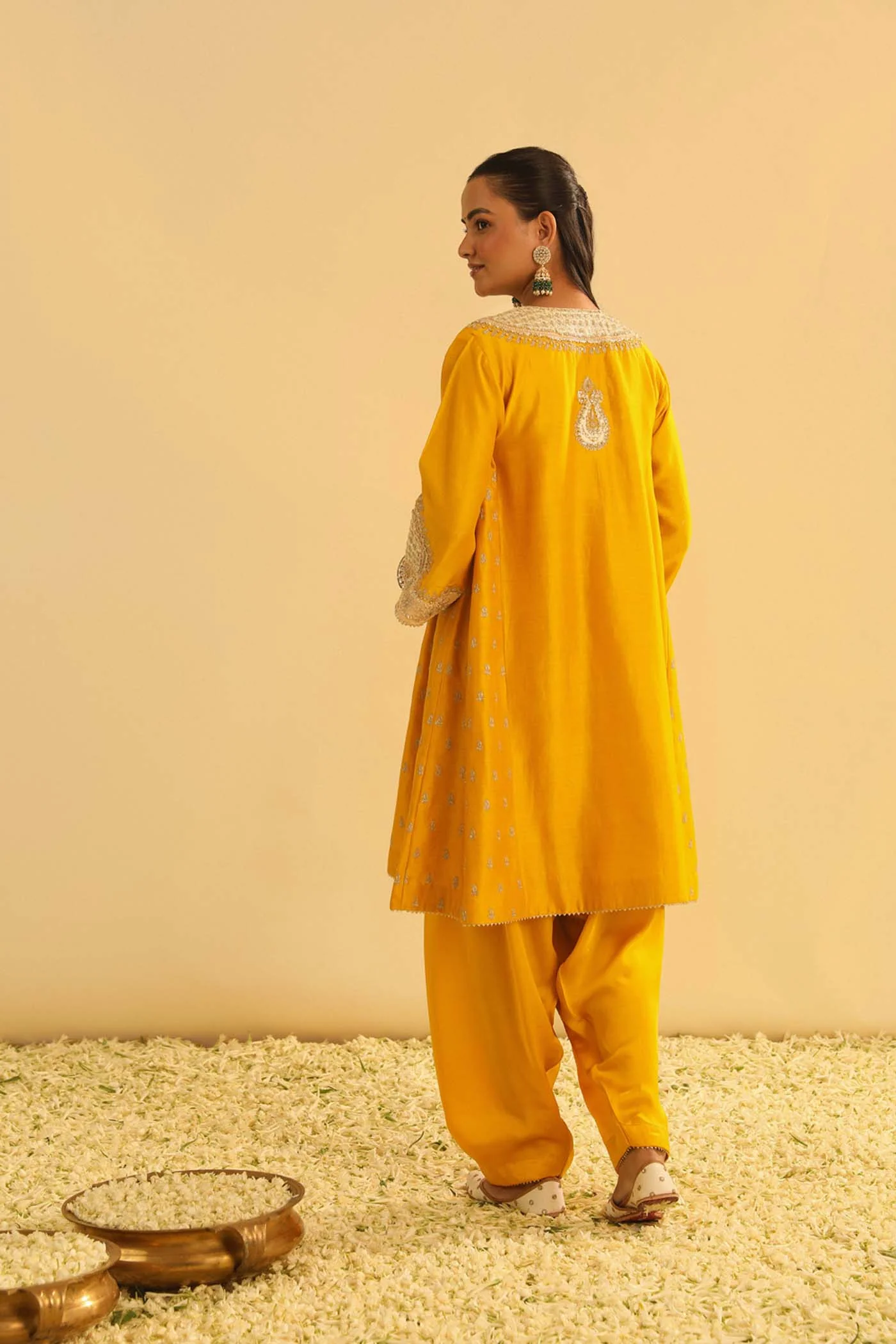 Arisana - Heirloom Mustard Short Kalidaar Choga with Salwar - Image 5