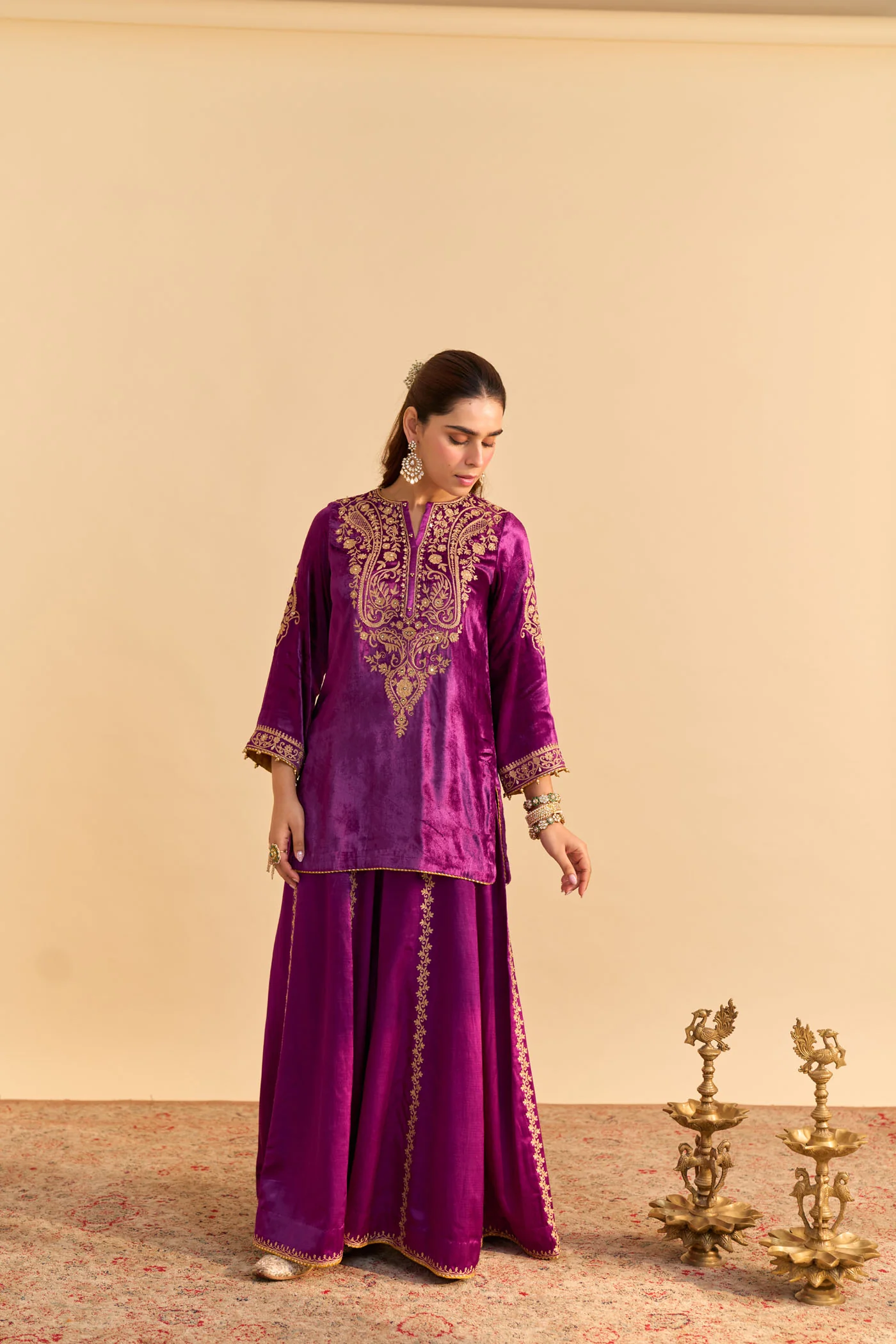 Aroob - Silk Velvet Deep Purple Kurta with Sharara and Dupatta - Image 2