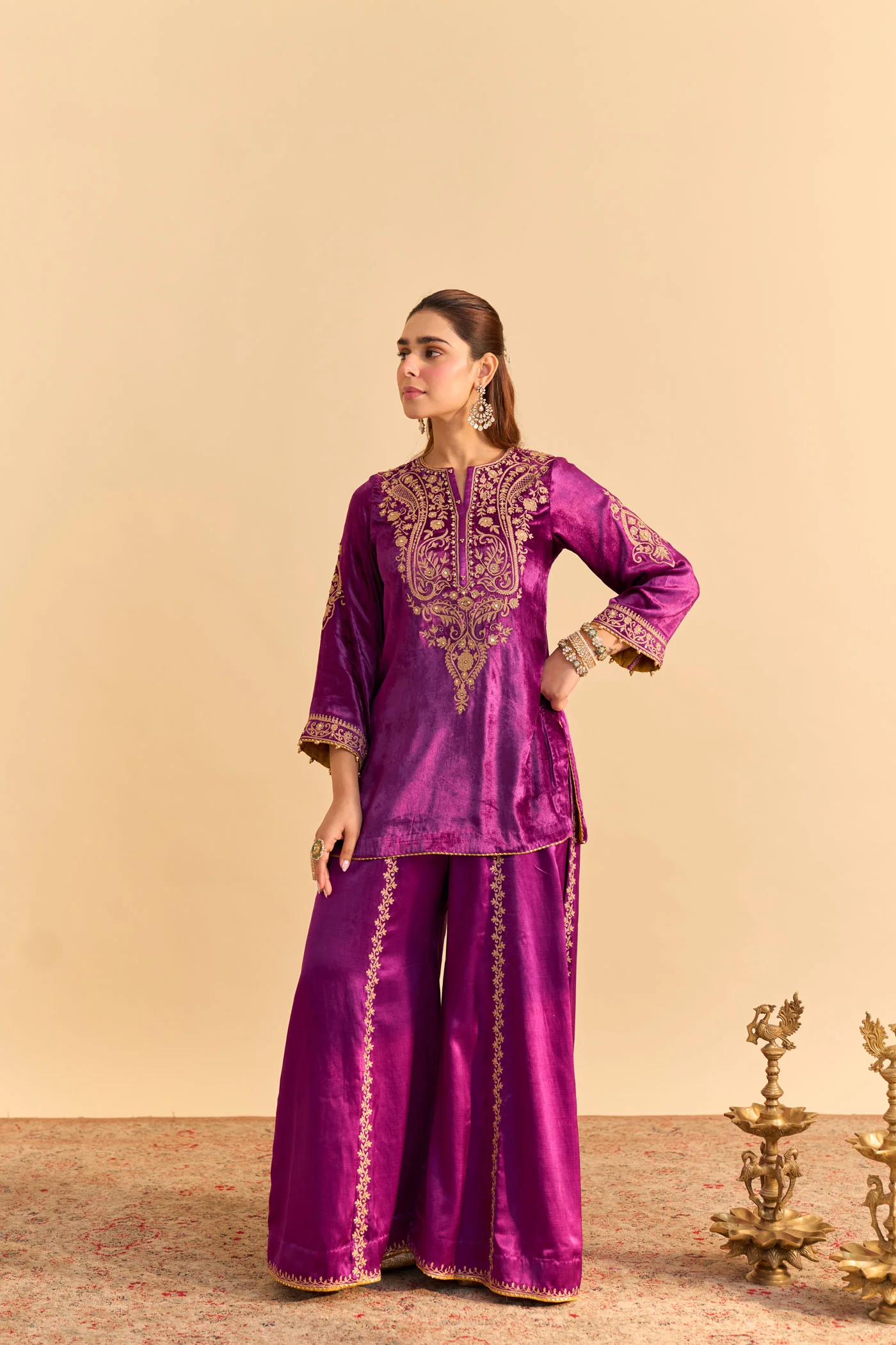 Aroob - Silk Velvet Deep Purple Kurta with Sharara and Dupatta - Image 3