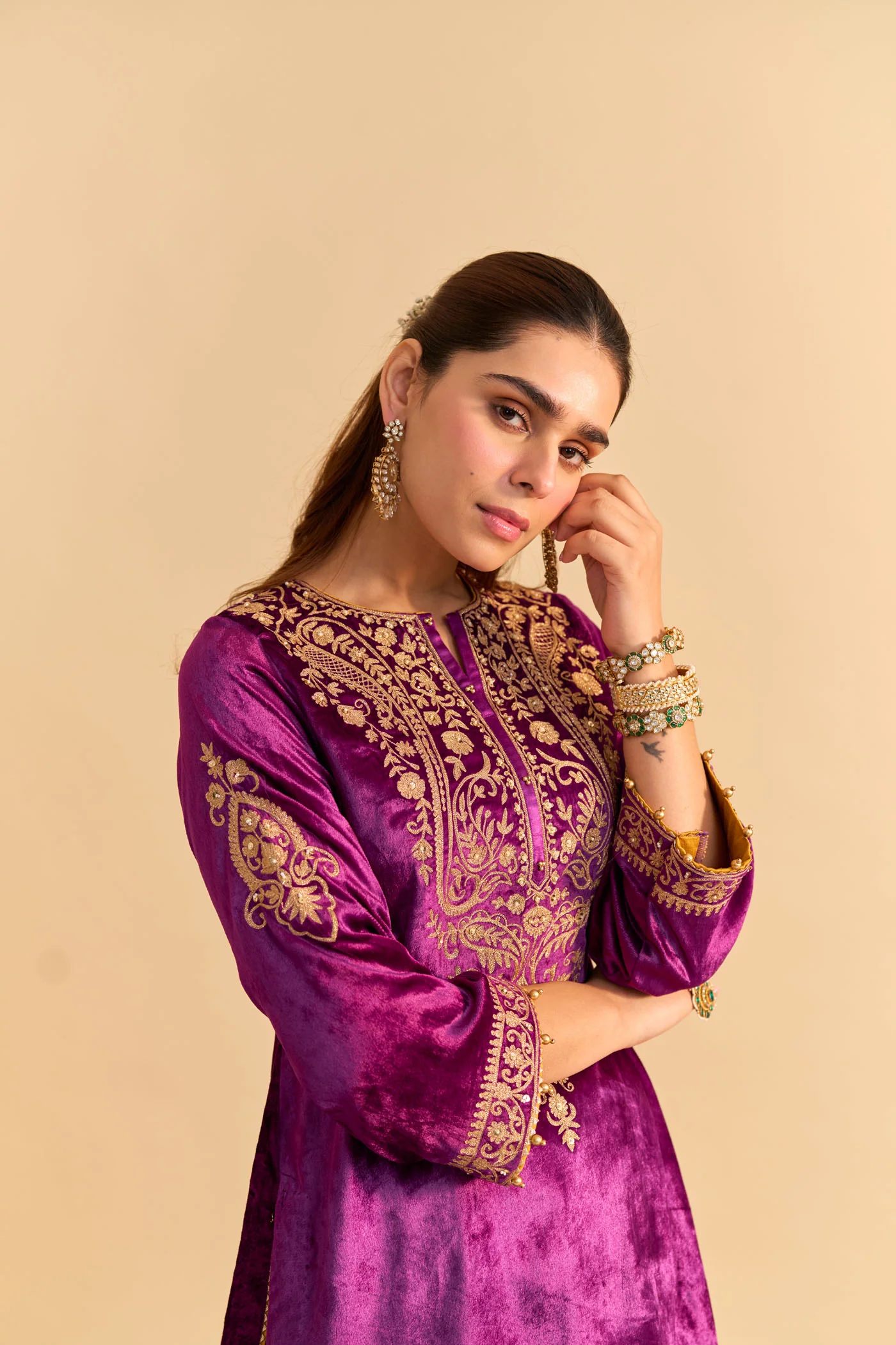 Aroob - Silk Velvet Deep Purple Kurta with Sharara and Dupatta - Image 4
