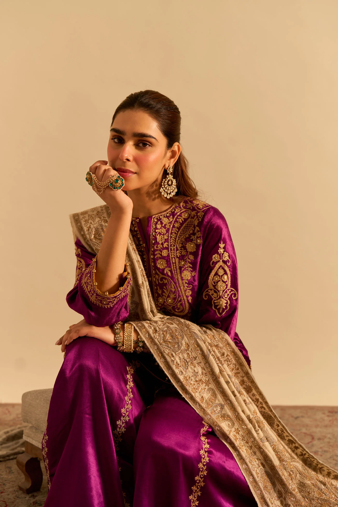 Aroob - Silk Velvet Deep Purple Kurta with Sharara and Dupatta - Image 5