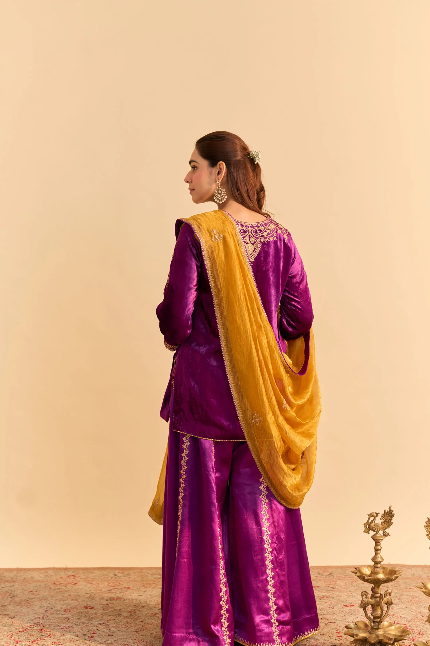 Aroob - Silk Velvet Deep Purple Kurta with Sharara and Dupatta - Image 6