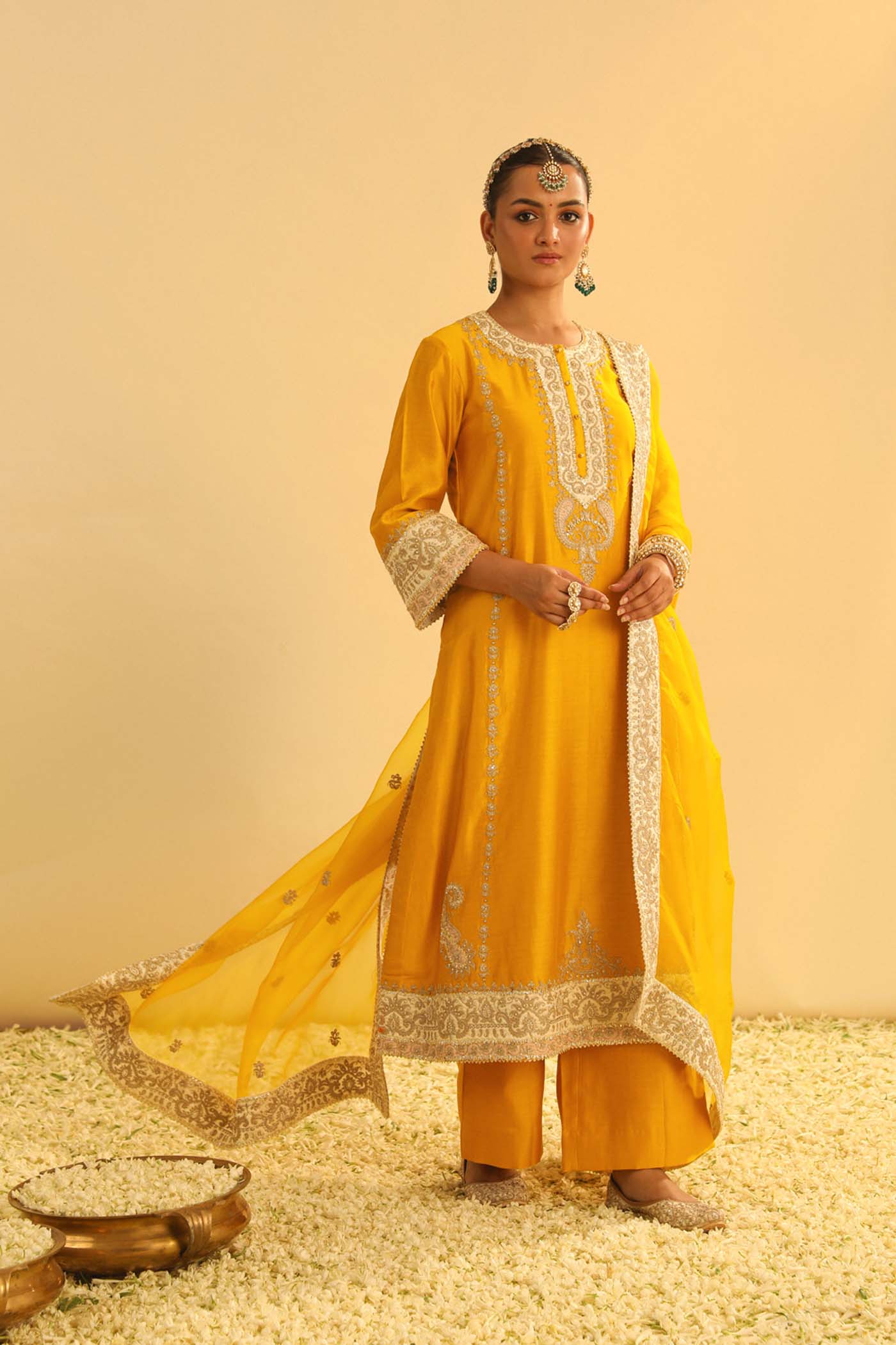 Asmira - Heirloom Mustard Long Kurta with Palazzo & Dupatta - Image 3