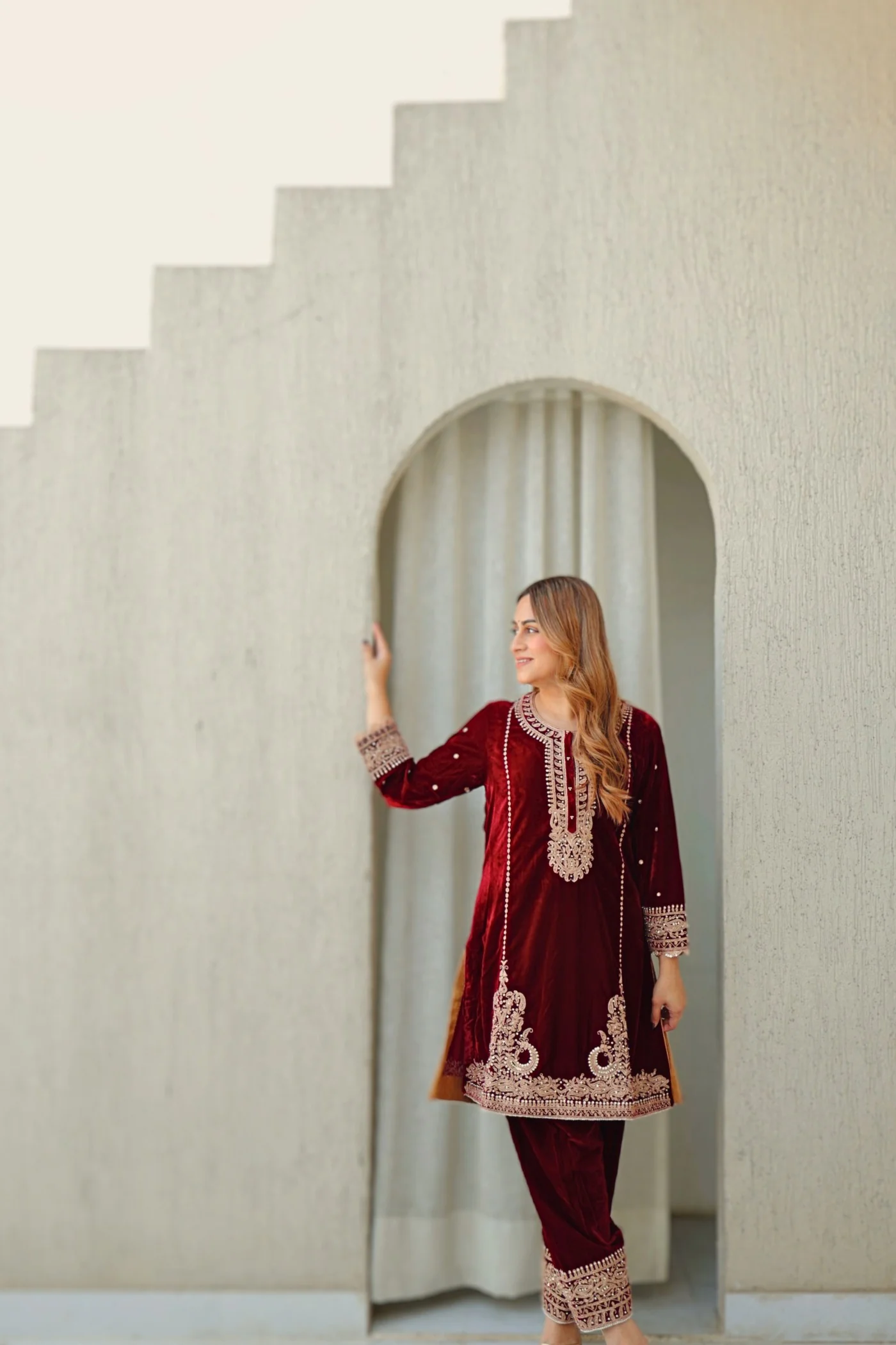 Ayat - Maroon Silk Velvet Short Kurta with Salwar - Image 2