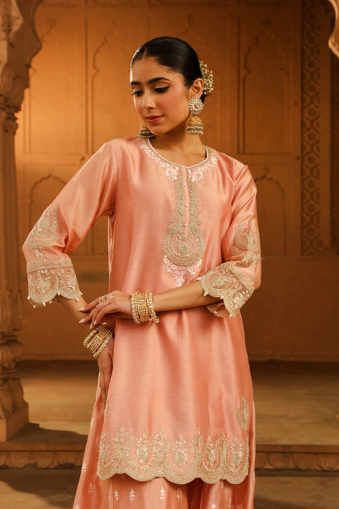 Ayda - Off Rose Kurta with Sharara and Dupatta - Image 2