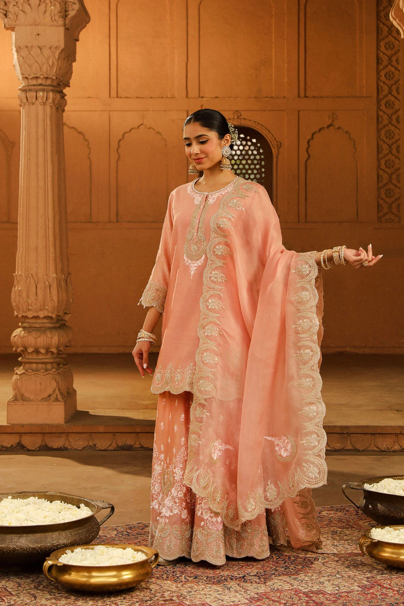 Ayda - Off Rose Kurta with Sharara and Dupatta - Image 4