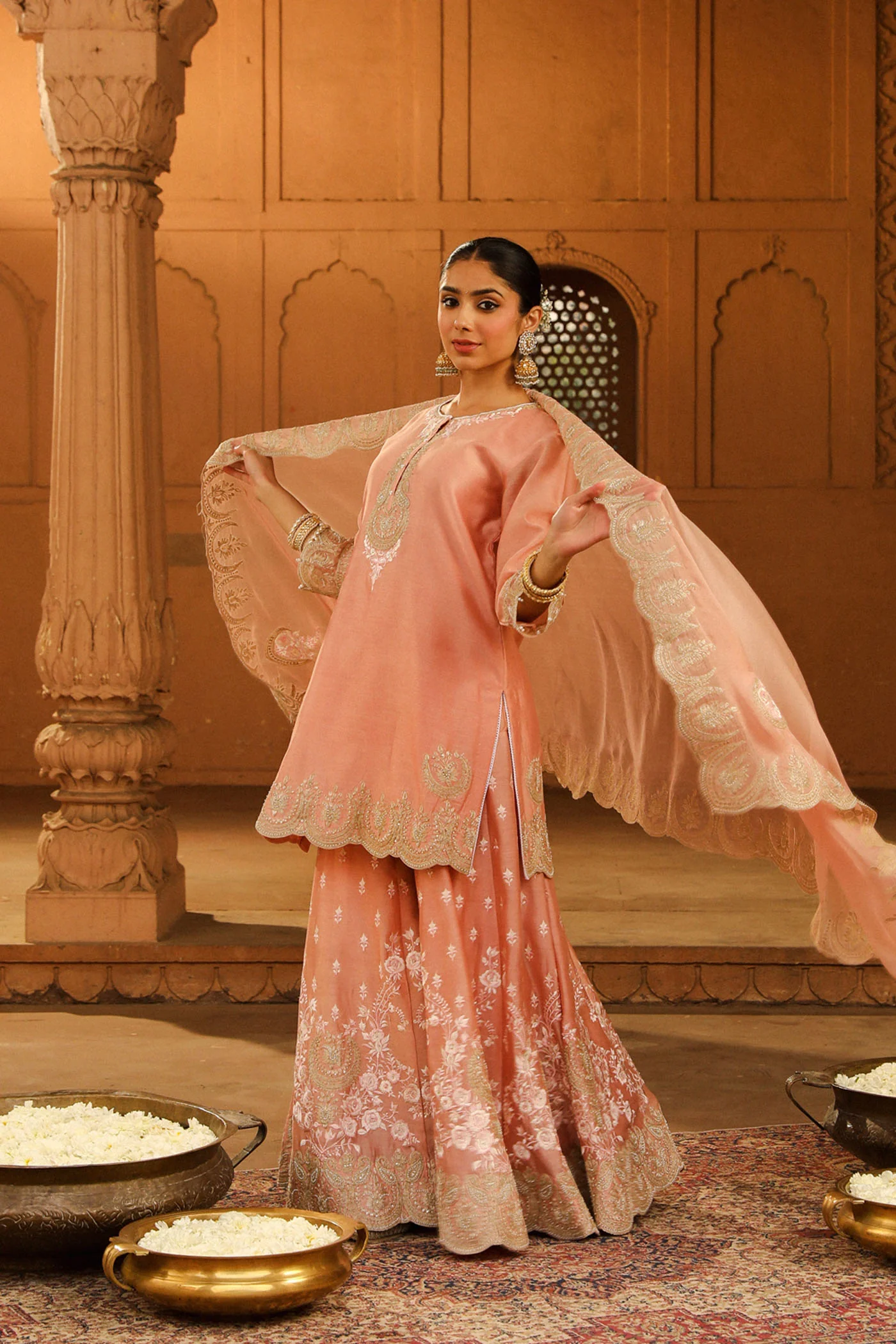 Ayda - Off Rose Kurta with Sharara and Dupatta - Image 5