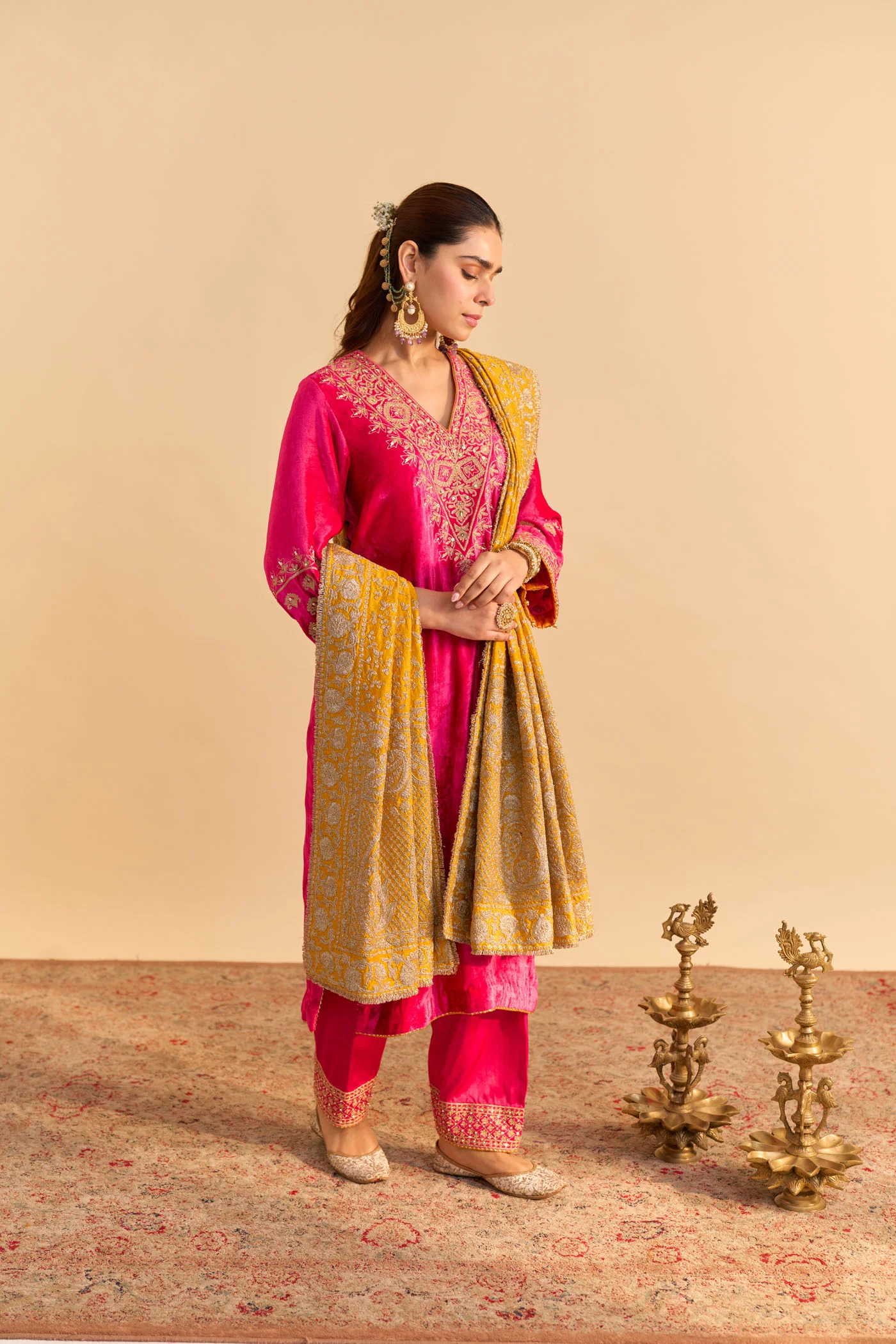Aynaz - Silk Velvet Rani Hotpink Kurta with Salwar - Image 2
