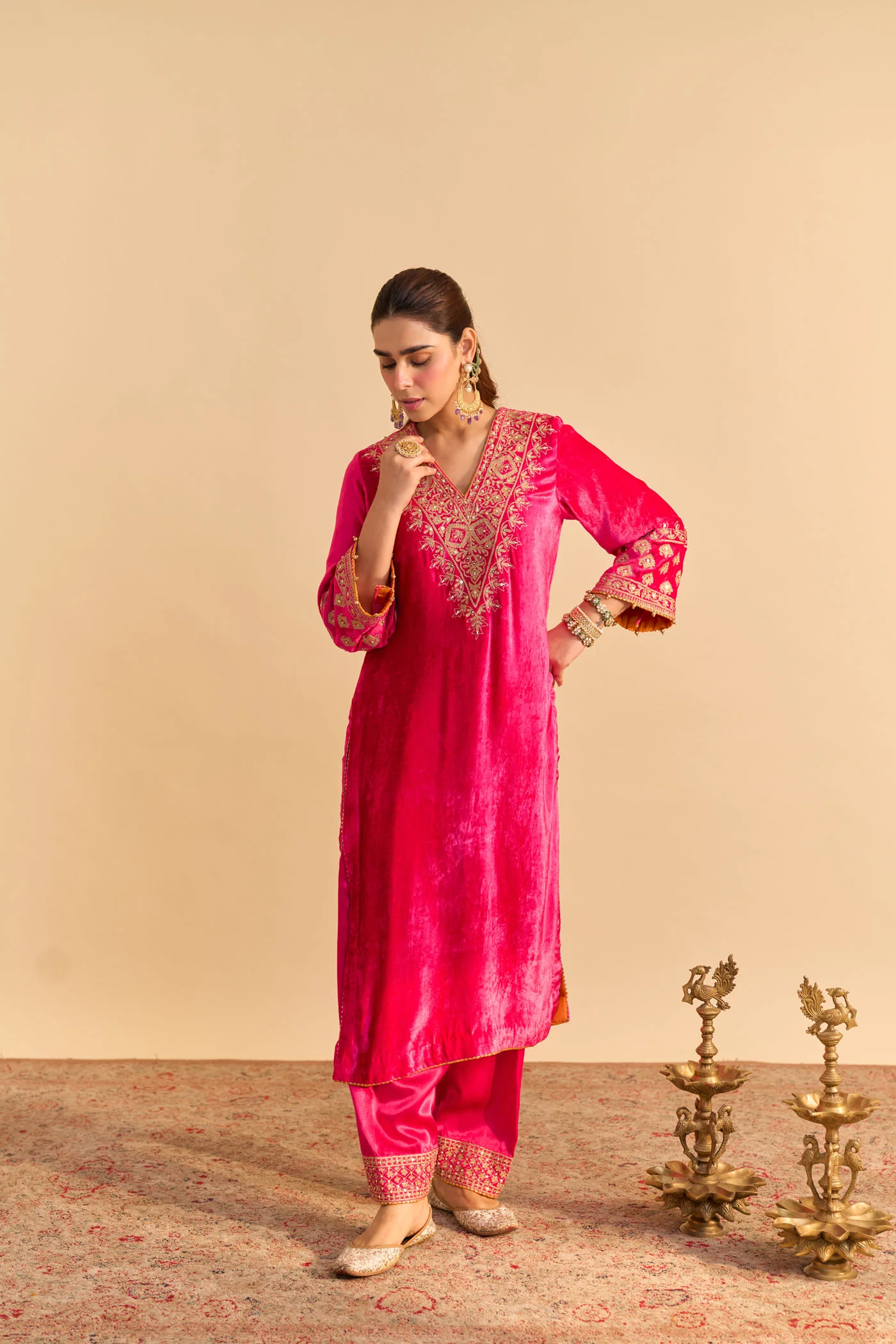 Aynaz - Silk Velvet Rani Hotpink Kurta with Salwar - Image 3