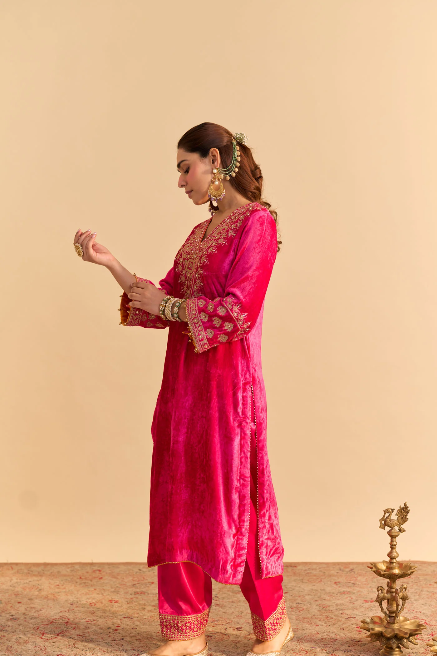 Aynaz - Silk Velvet Rani Hotpink Kurta with Salwar - Image 4