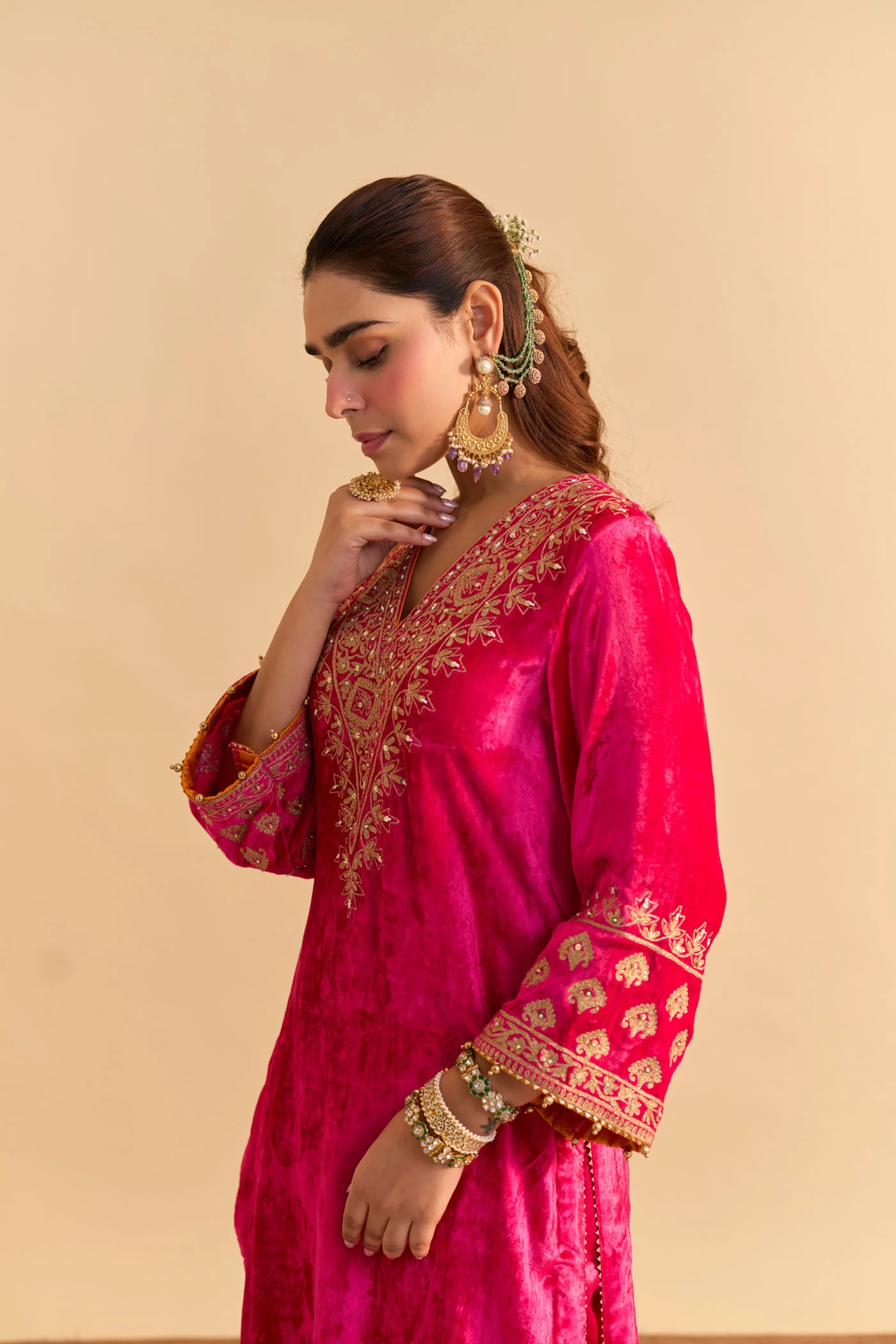 Aynaz - Silk Velvet Rani Hotpink Kurta with Salwar - Image 5