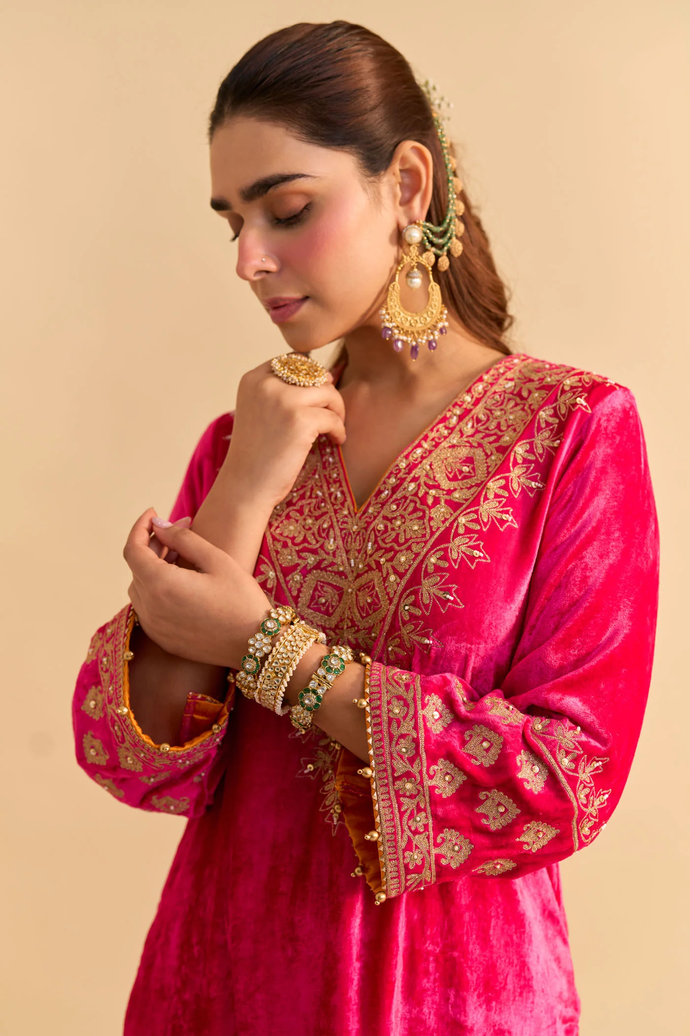 Aynaz - Silk Velvet Rani Hotpink Kurta with Salwar - Image 6